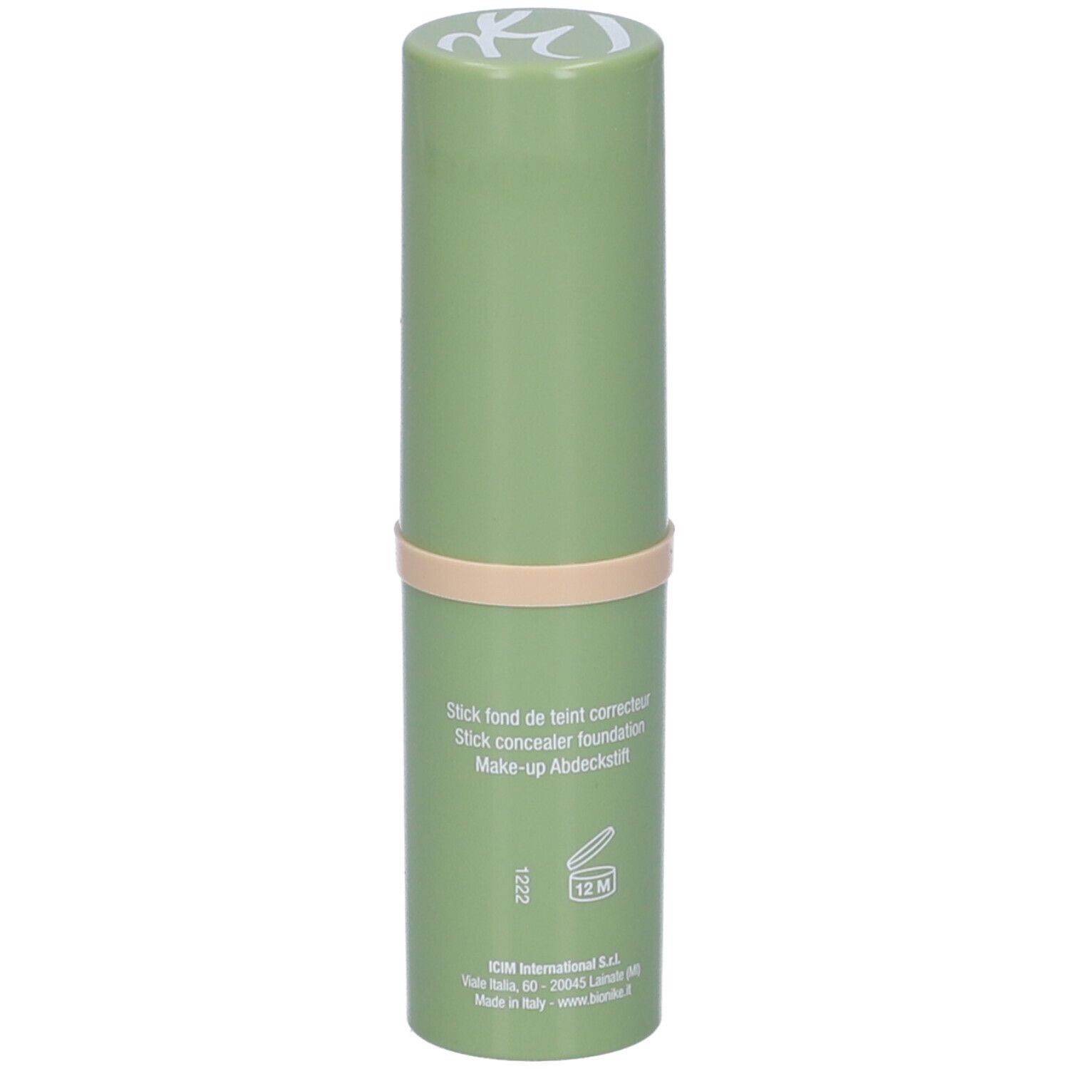 Stick verde con fascia beige. Scritta: Stick fond de teint correcteur, Make-up Abdeckstift.