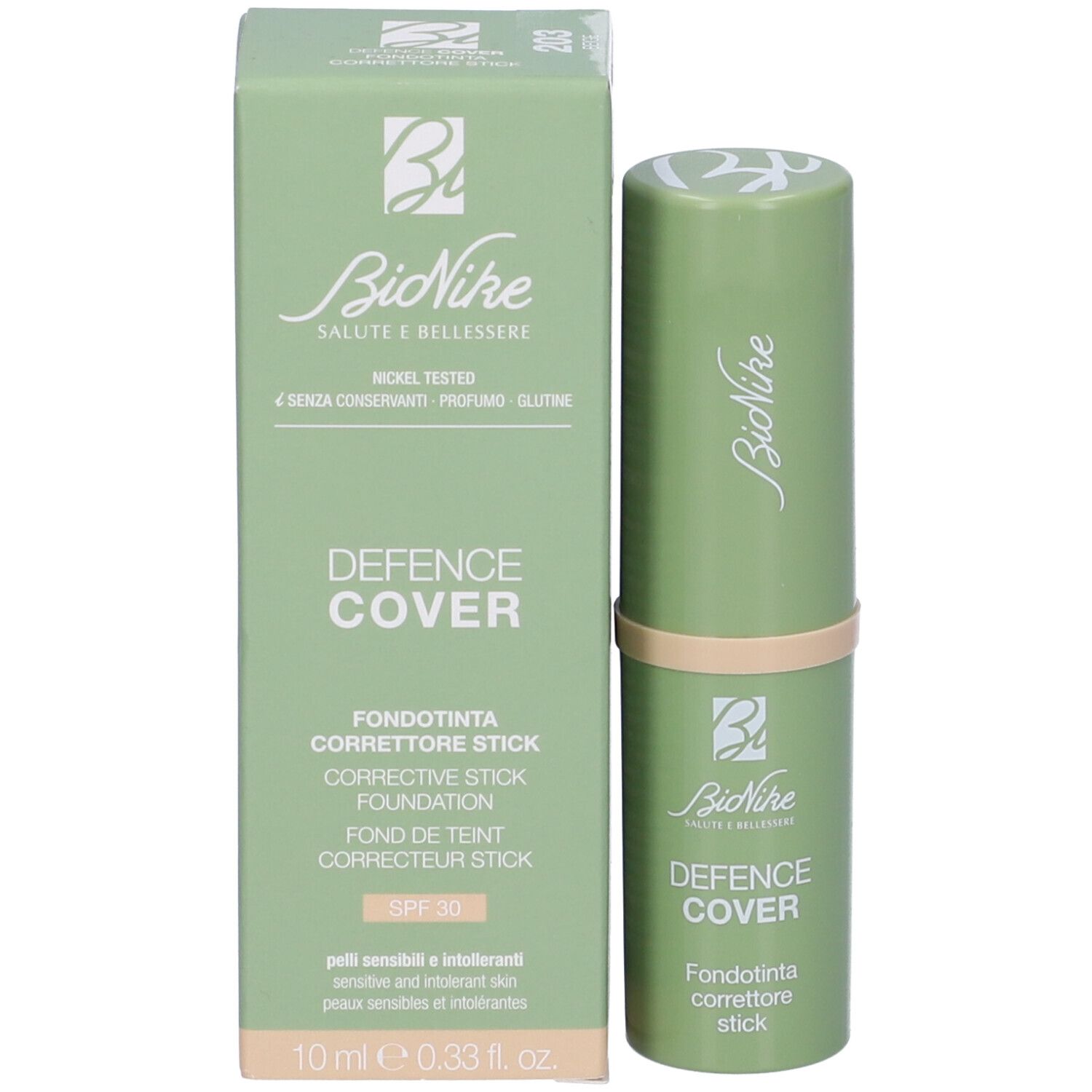 Stick verde e confezione. Scritta: Defence Cover, Fondotinta correttore stick, SPF 30.