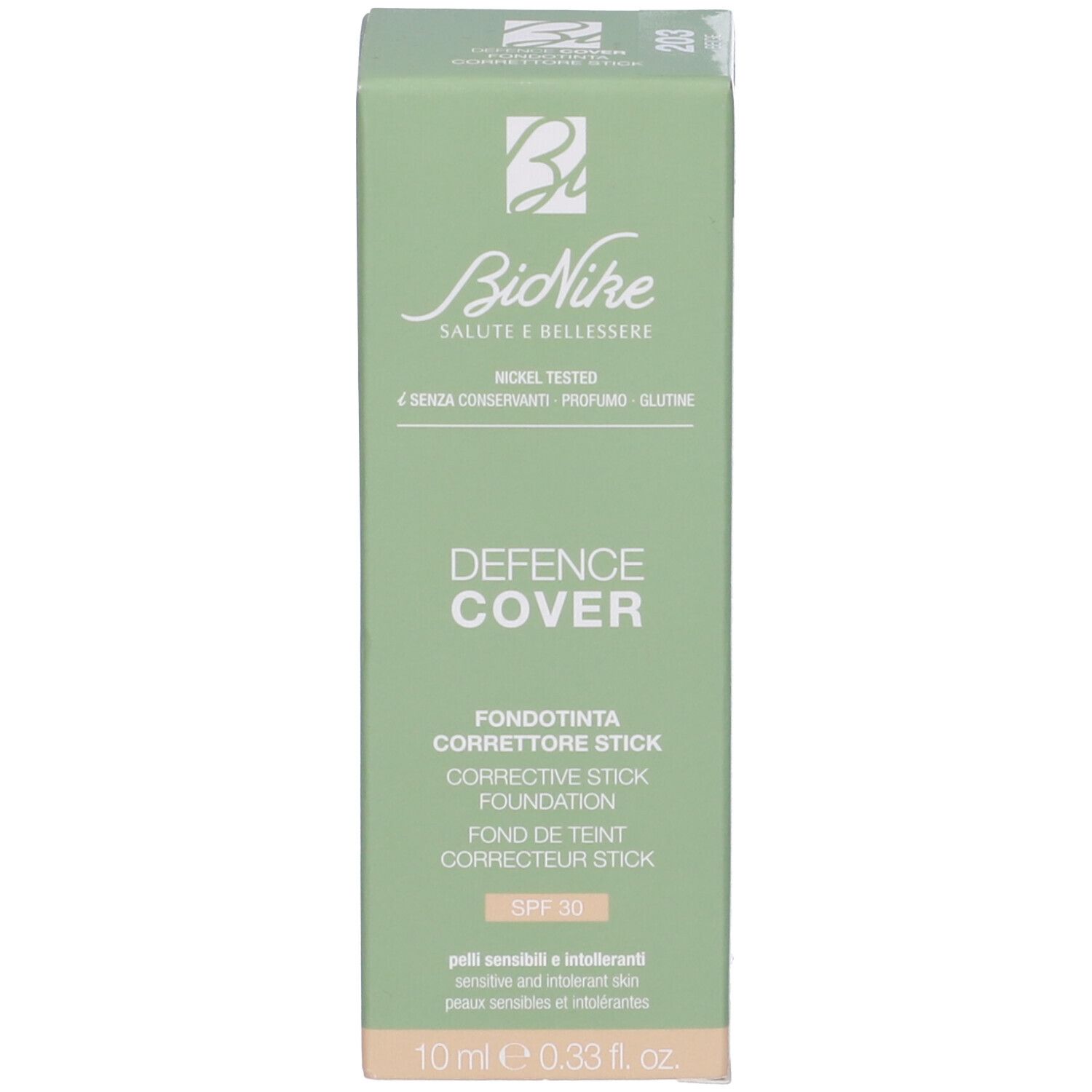 Confezione. Scritta: Defence Cover, Fondotinta correttore stick, SPF 30, 10 ml.