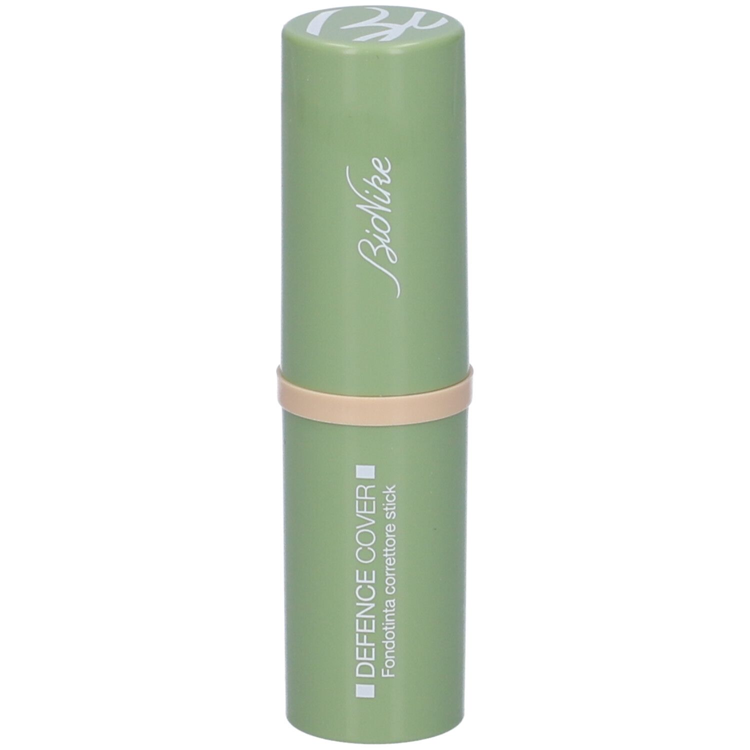 Stick verde con fascia beige. Scritta: DEFENCE COVER, Fondotinta correttore stick. Marchio Bionike.