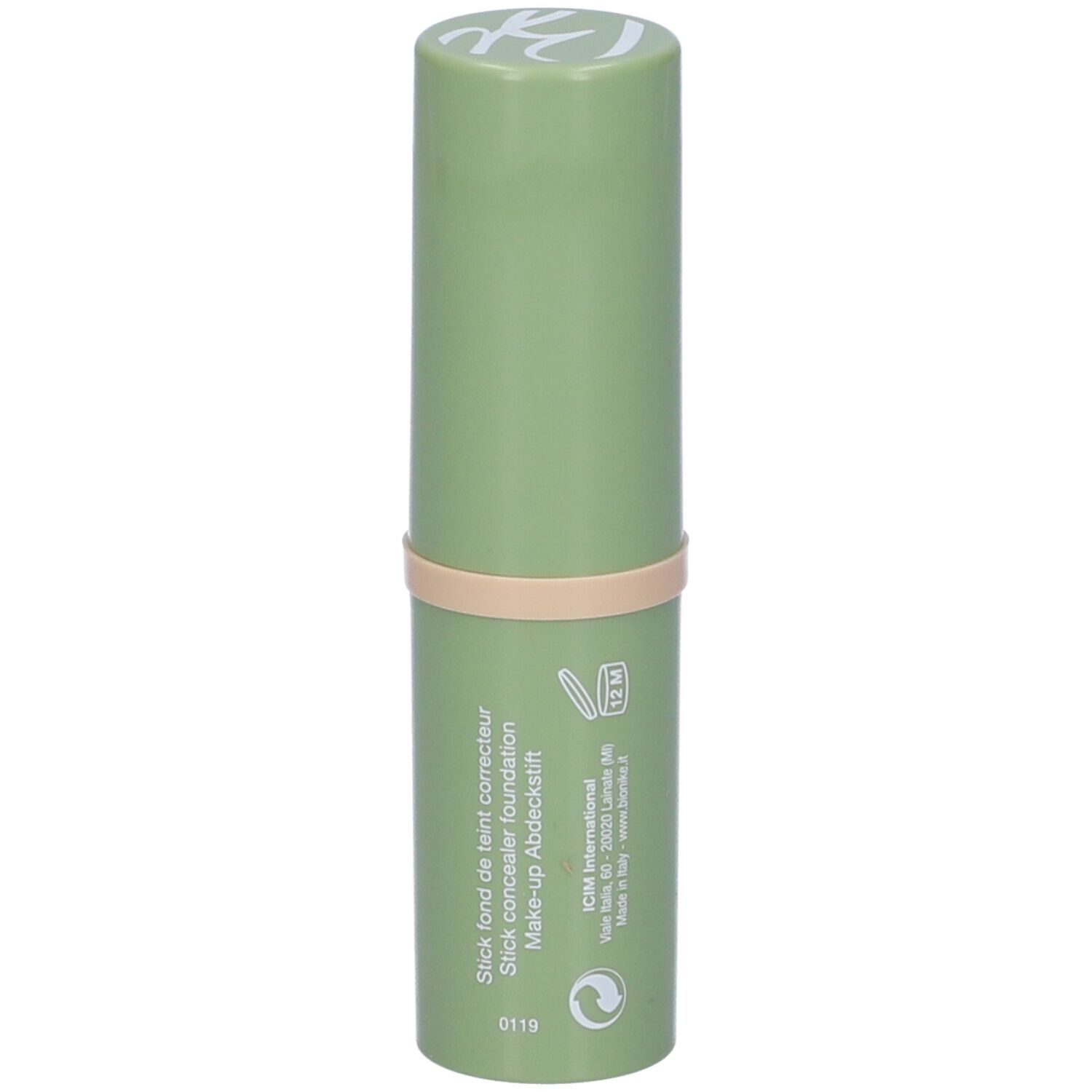 Stick verde con fascia beige. Marchio Bionike. Scritta: DEFENCE COVER, Fondotinta correttore stick.