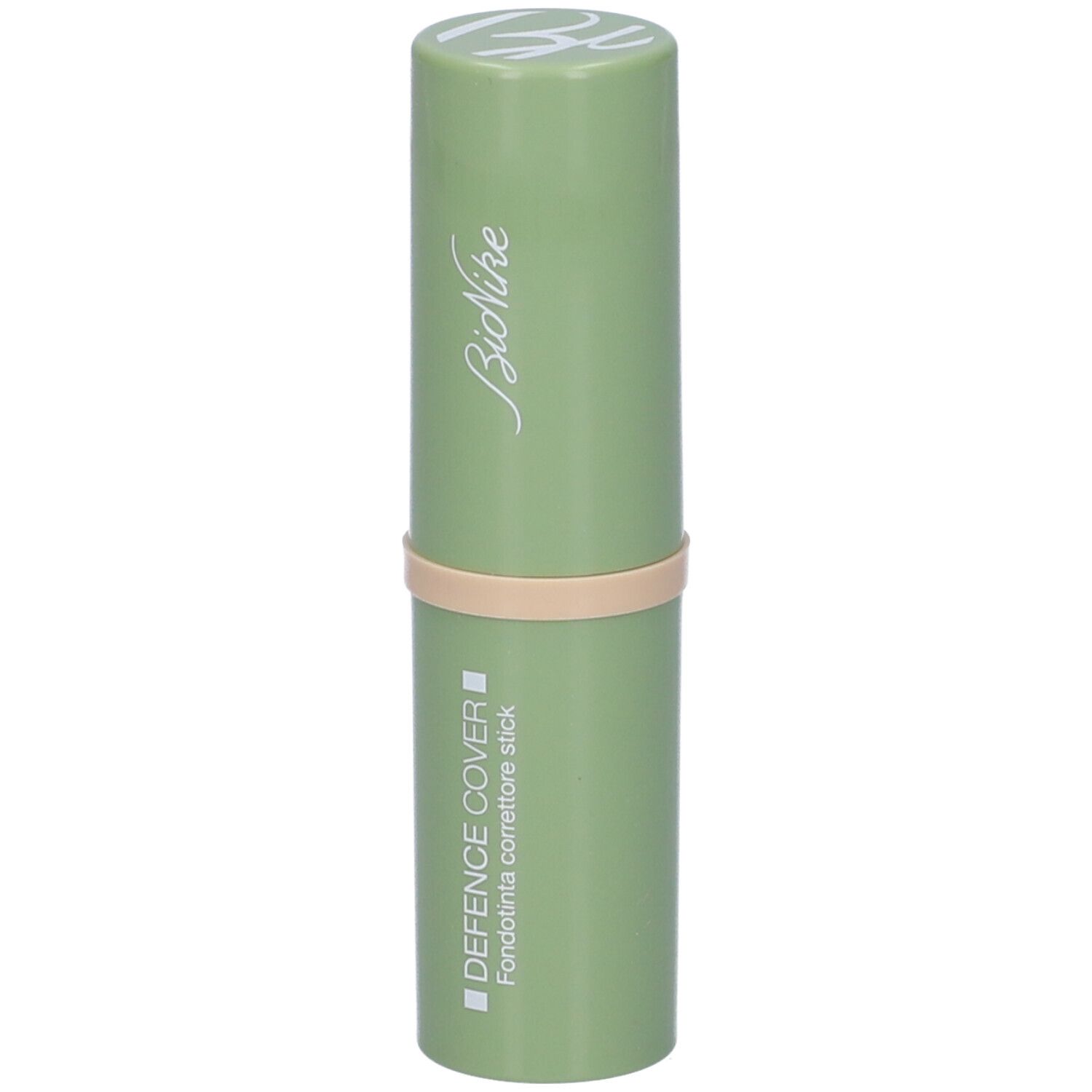 Stick verde con fascia beige. Marchio Bionike. Scritta: DEFENCE COVER, Fondotinta correttore stick.
