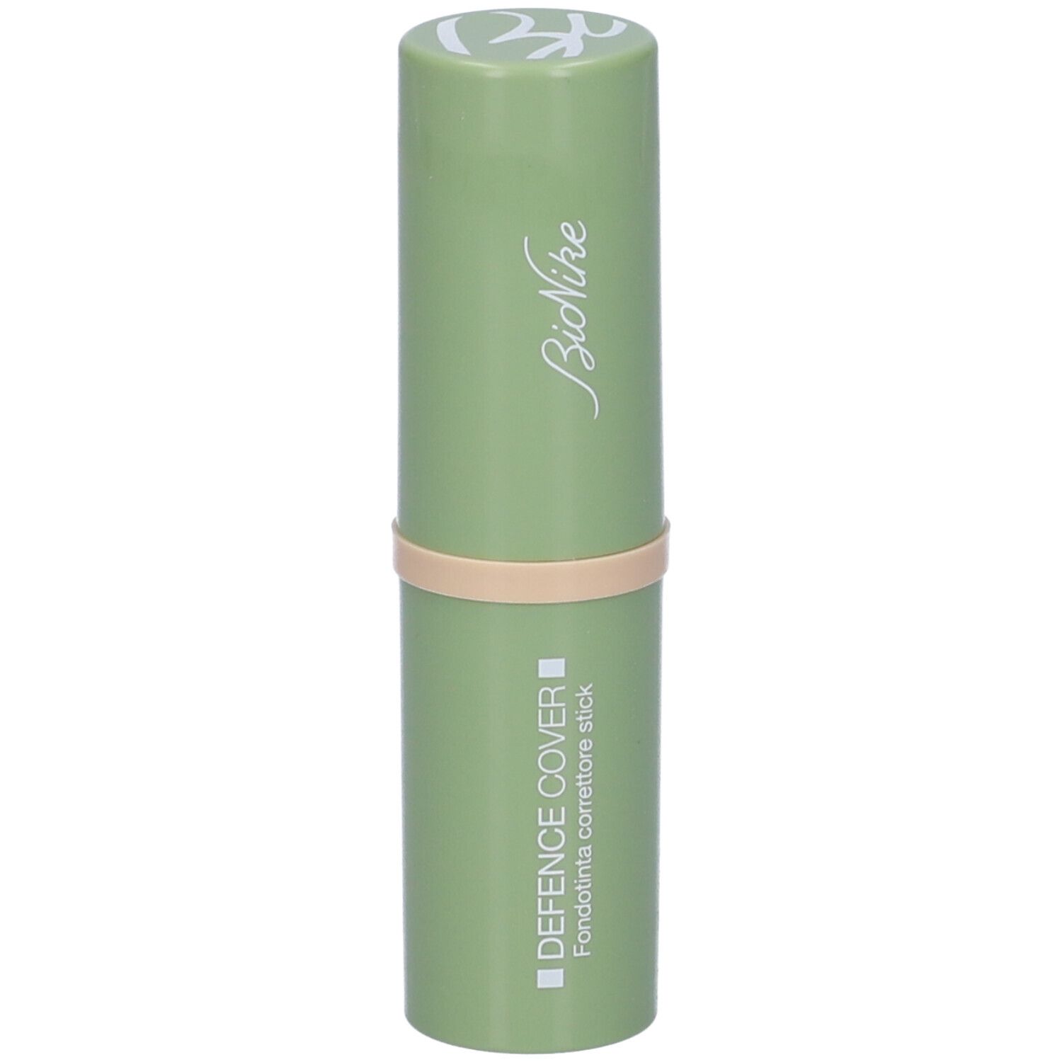 Stick verde con fascia beige. Marchio Bionike. Scritta: DEFENCE COVER, Fondotinta correttore stick.
