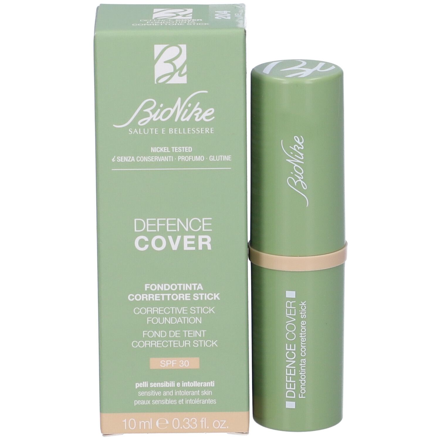 Confezione verde con stick. Scritta: DEFENCE COVER, Fondotinta correttore stick, SPF 30. Marchio Bionike.