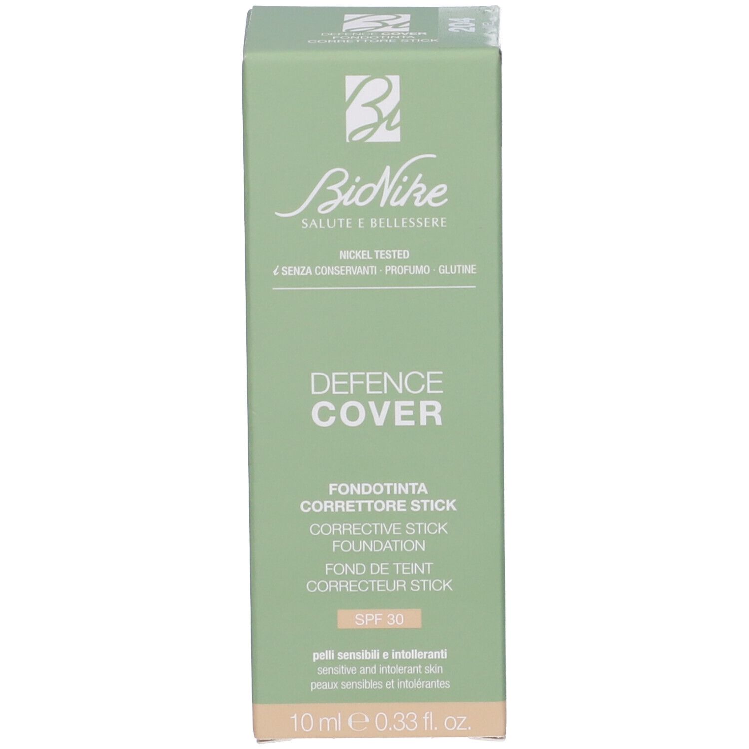 Confezione verde. Scritta: DEFENCE COVER, Fondotinta correttore stick, SPF 30. Marchio Bionike.