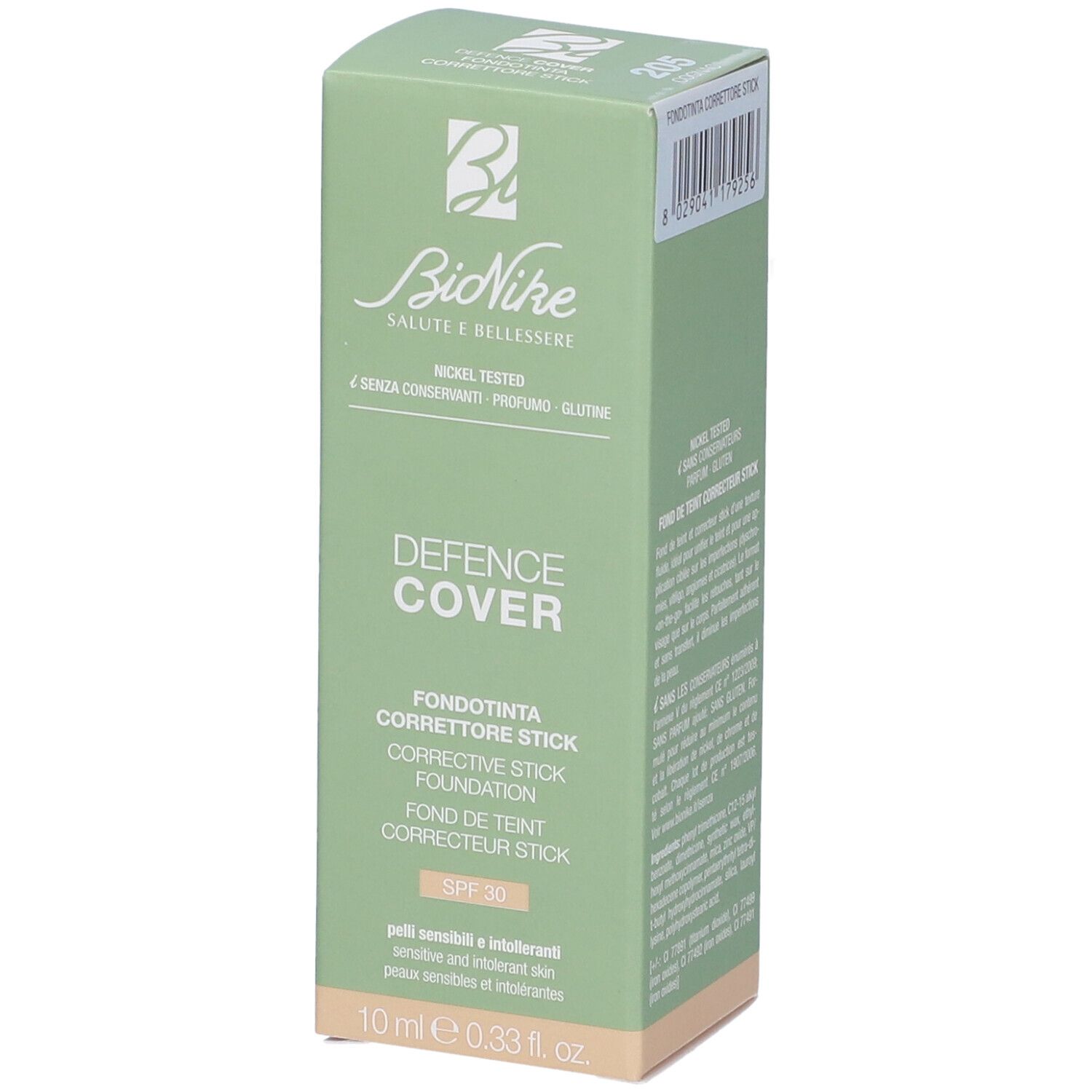 Scatola verde con logo "BioNike" e "DEFENCE COVER". Contiene uno stick correttivo. SPF 30. 10 ml.