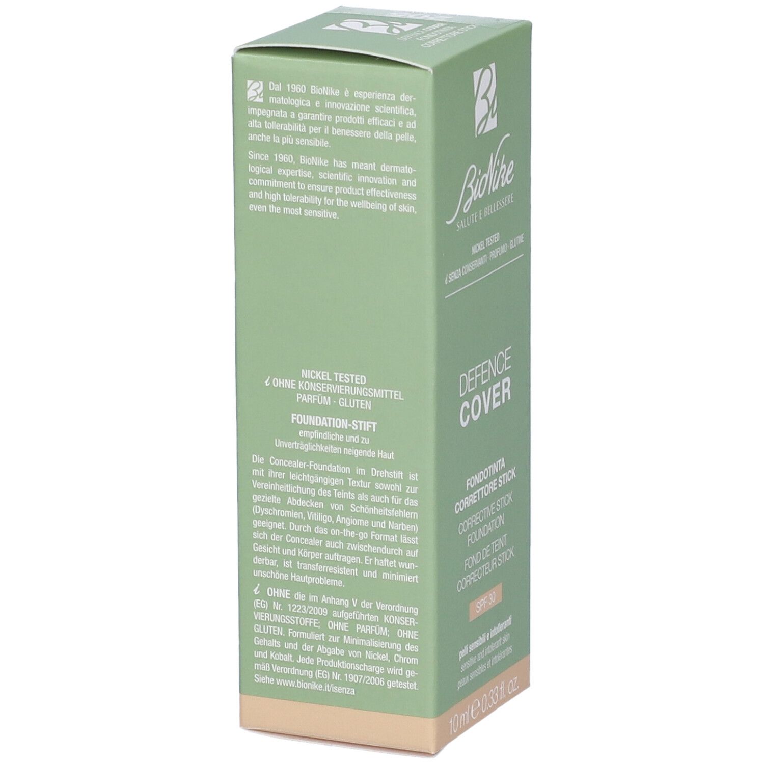 Scatola verde con testo. Logo "BioNike". Contiene informazioni sul prodotto e sui suoi ingredienti.