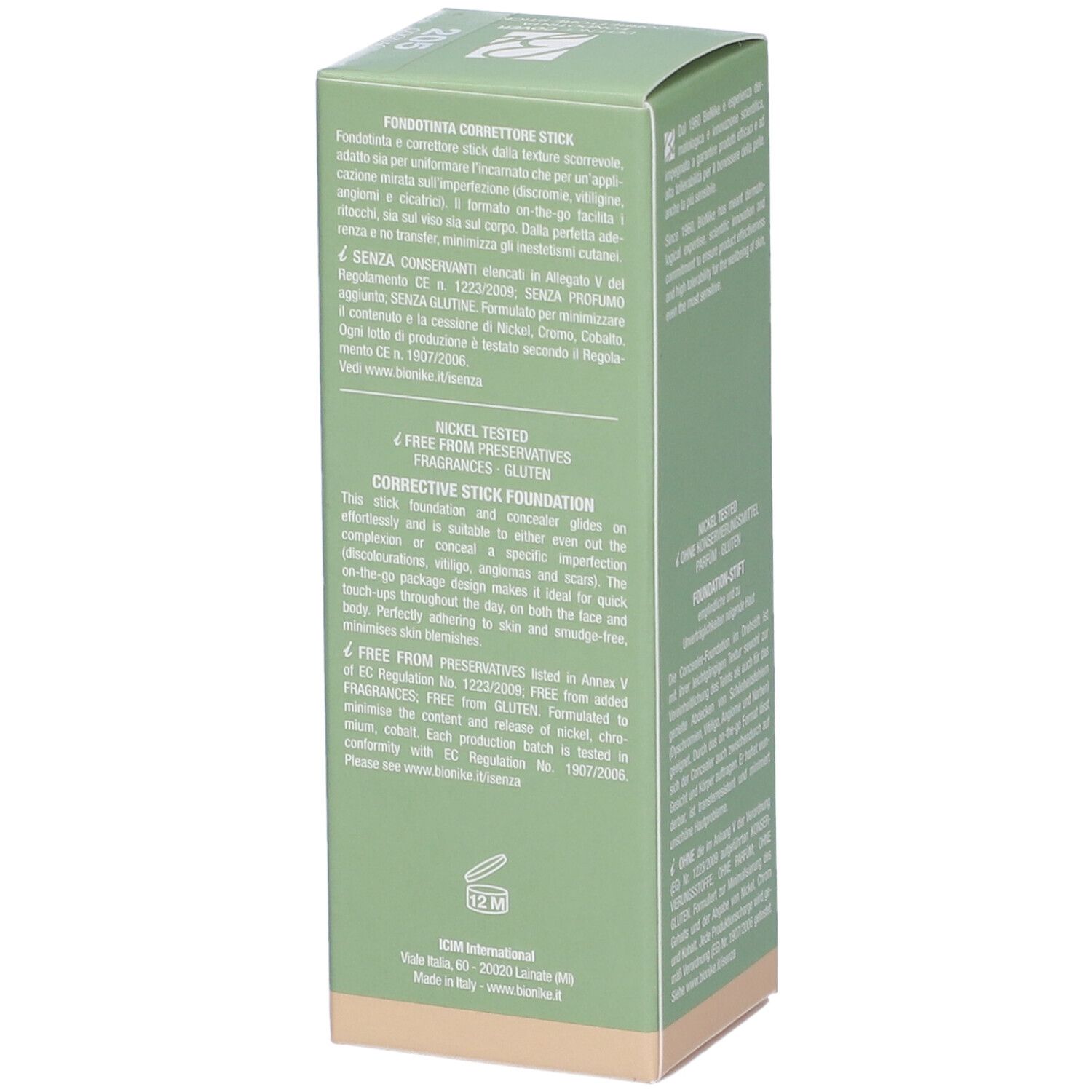 Scatola verde con testo. Contiene informazioni sul prodotto e sui suoi ingredienti. "Nickel Tested".