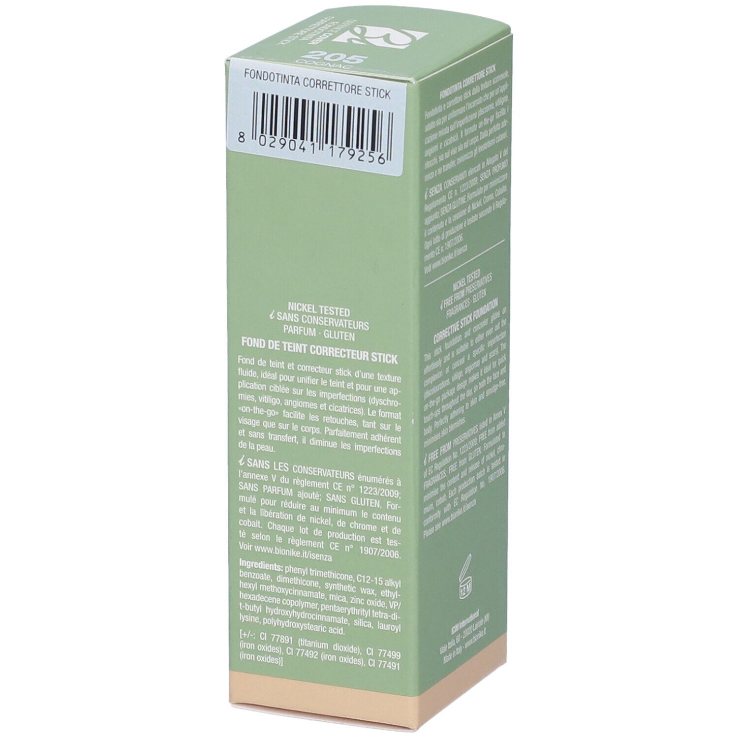 Scatola verde con testo. Contiene informazioni sul prodotto e sui suoi ingredienti. Codice colore 205.
