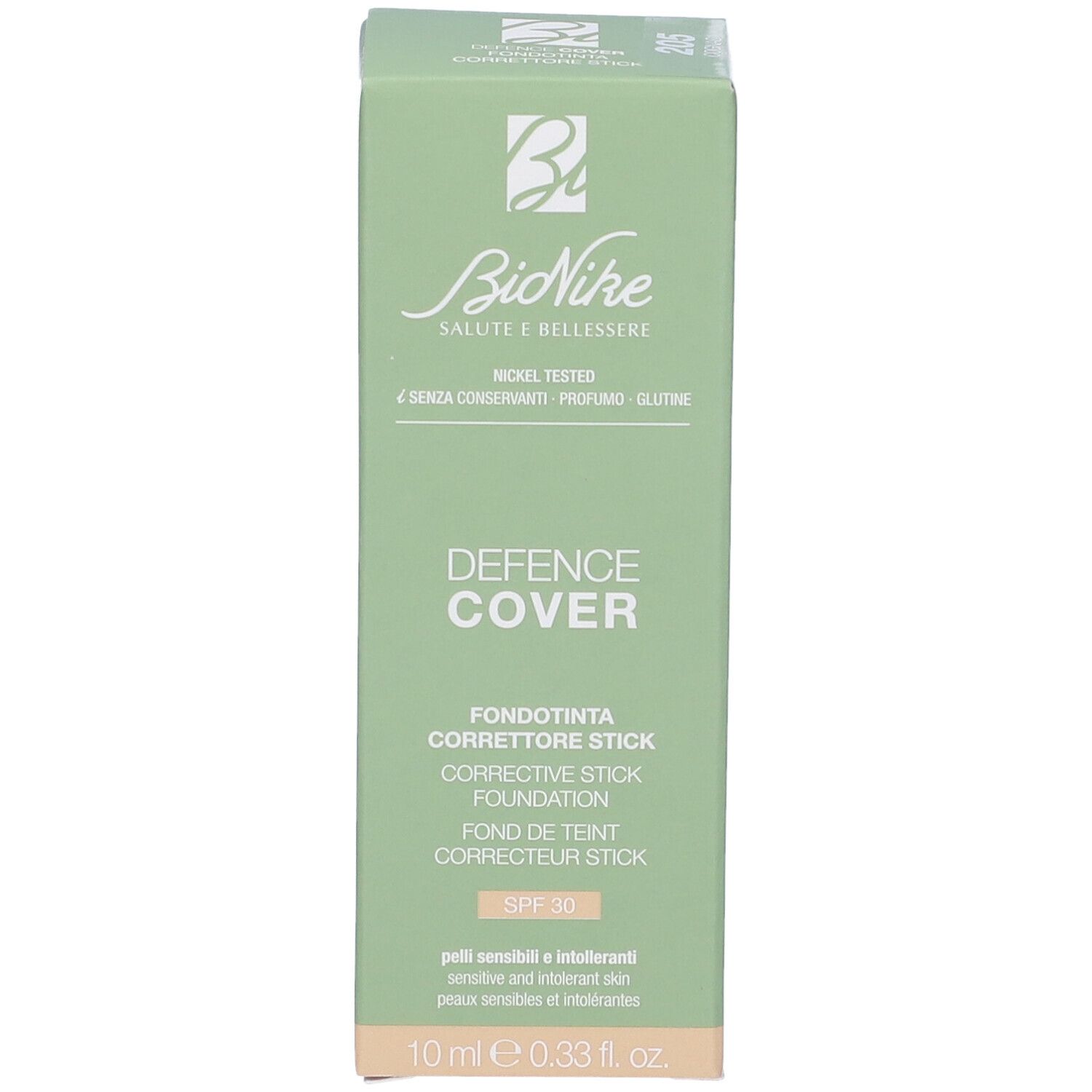 Scatola verde con logo "BioNike" e "DEFENCE COVER". Contiene uno stick correttivo. SPF 30. 10 ml.