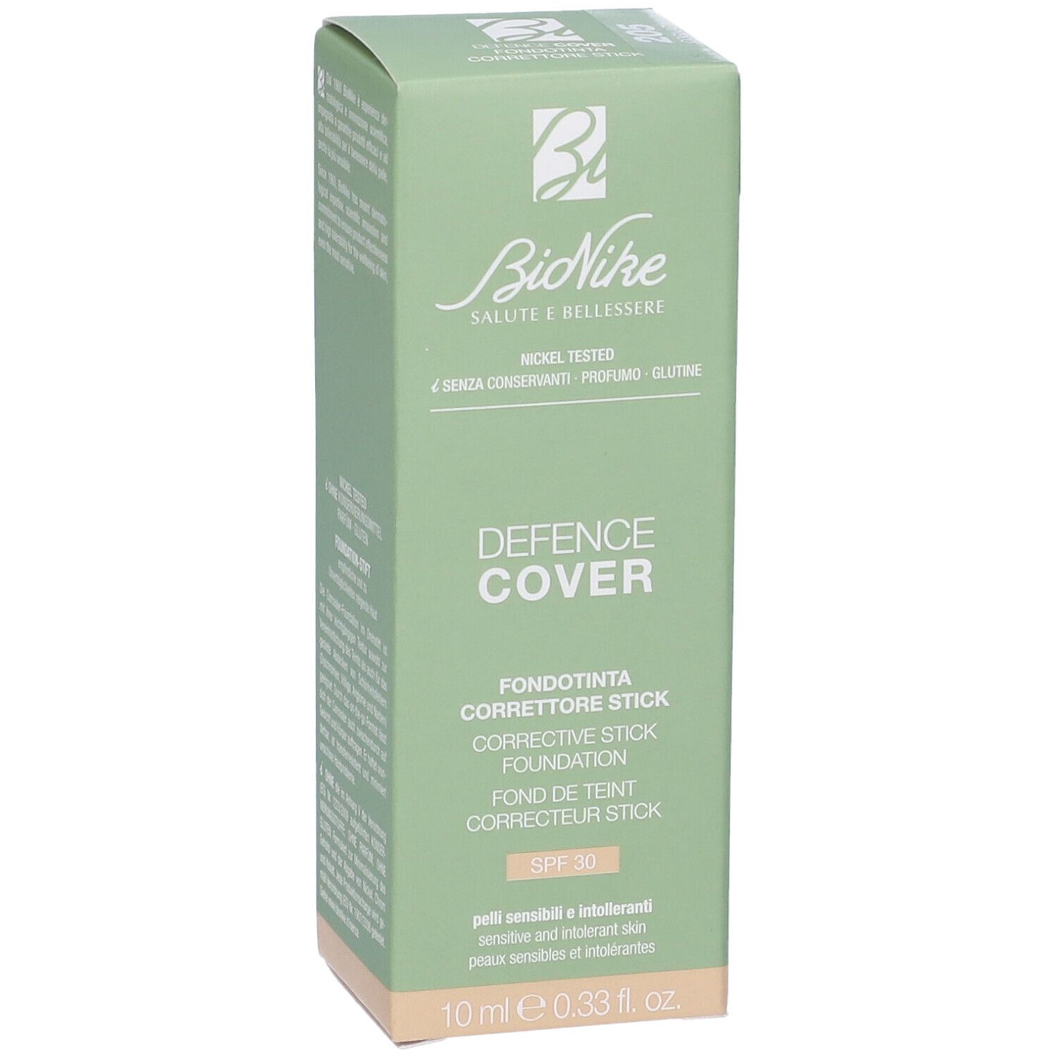 Scatola verde con logo "BioNike" e "DEFENCE COVER". Contiene uno stick correttivo. SPF 30. 10 ml.