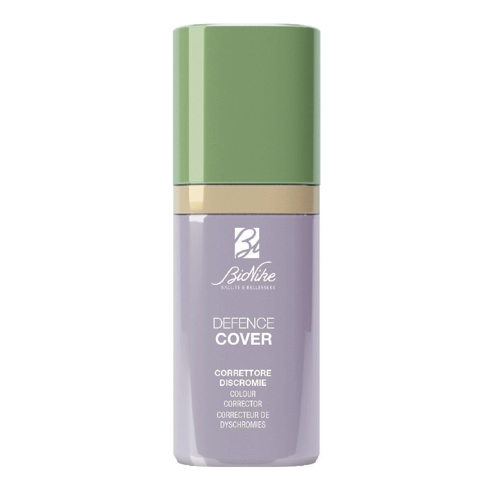 Flacone con tappo verde e contenuto lilla. Scritta: Defence Cover, Correttore Discromie, Colour Corrector.