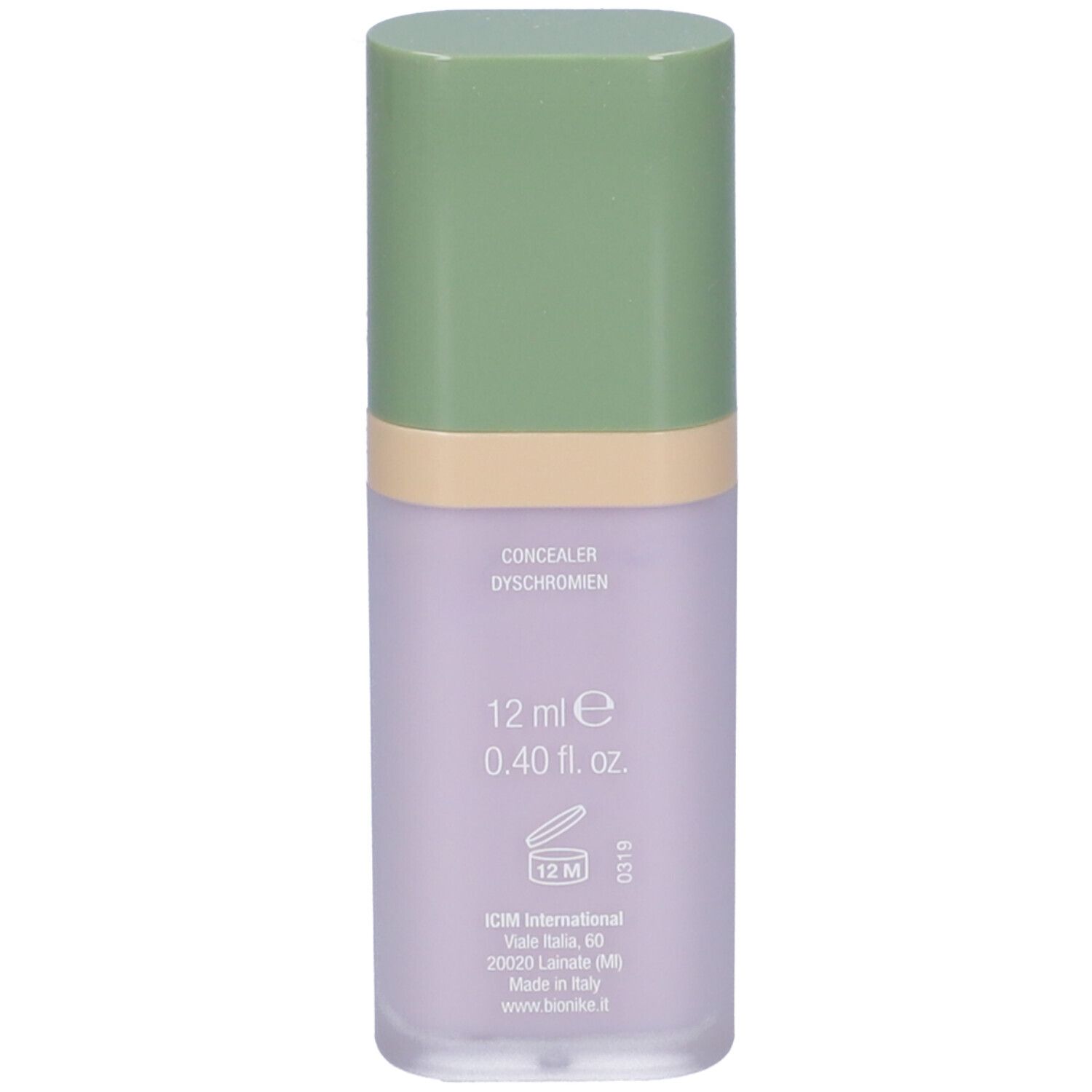 Flacone con tappo verde e contenuto lilla. Scritta: Concealer Dyschromien, 12 ml, 0.40 fl. oz.