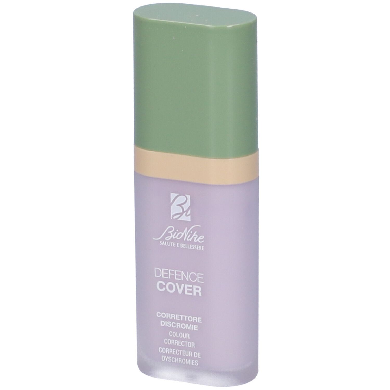 Flacone con tappo verde e contenuto lilla. Scritta: Defence Cover, Correttore Discromie, Colour Corrector.