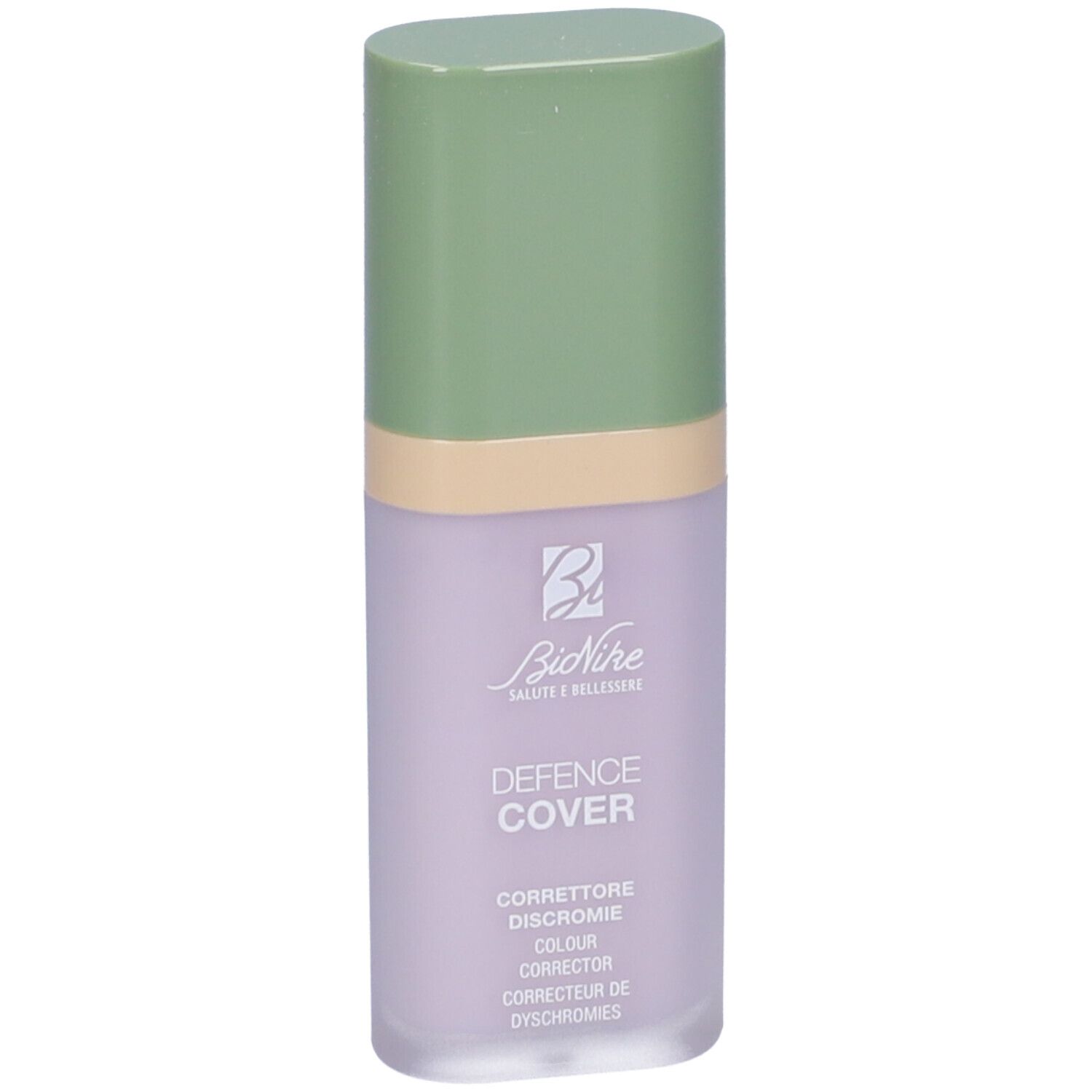 Flacone con tappo verde e contenuto lilla. Scritta: Defence Cover, Correttore Discromie, Colour Corrector.