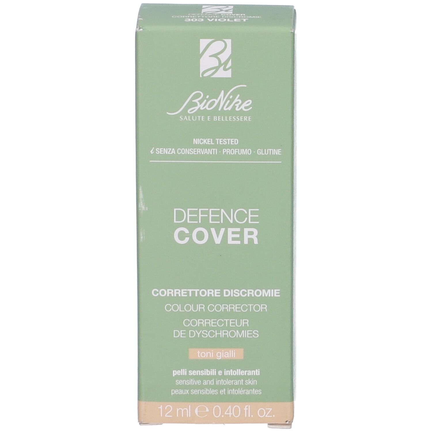 Confezione. Scritta: Defence Cover, Correttore Discromie, Colour Corrector. 12 ml, 0.40 fl. oz.