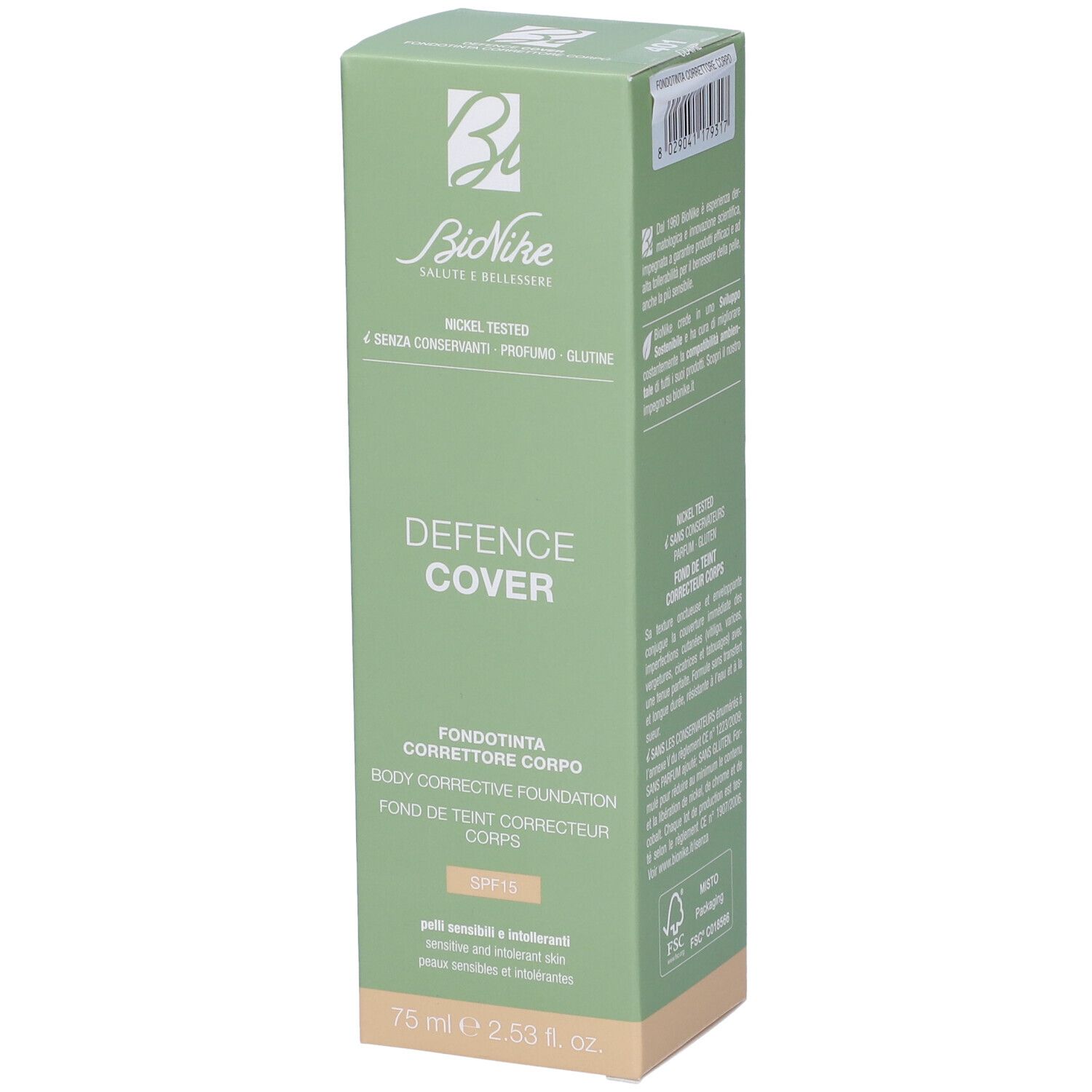 Confezione verde con scritta: Defence Cover, Correttore Corpo, colore 401 Clair. Marchio Bionike. 75 ml.