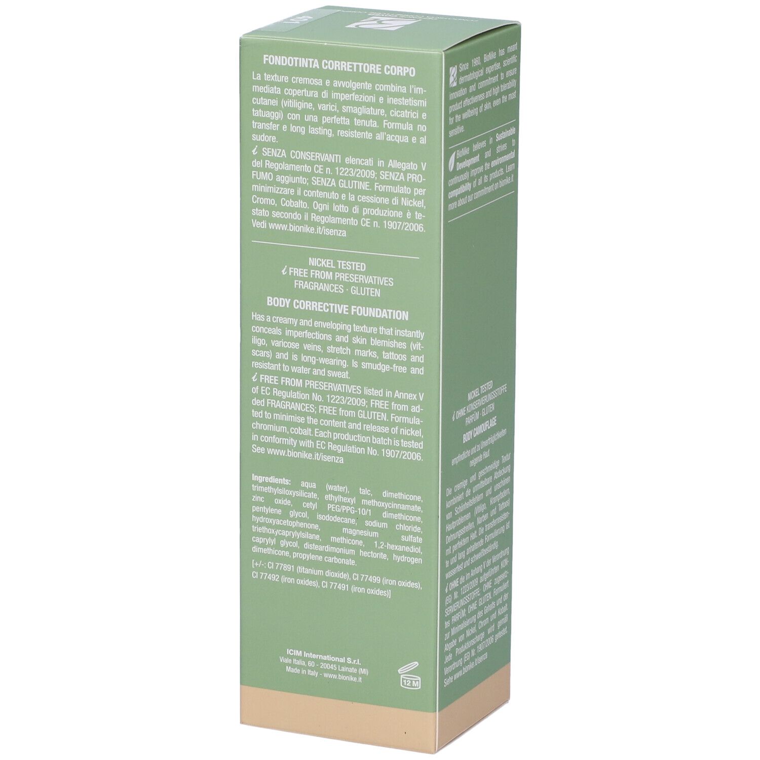 Confezione verde, vista laterale. Testo sugli ingredienti, marchio Bionike, Defence Cover, Correttore Corpo, colore 401 Clair.