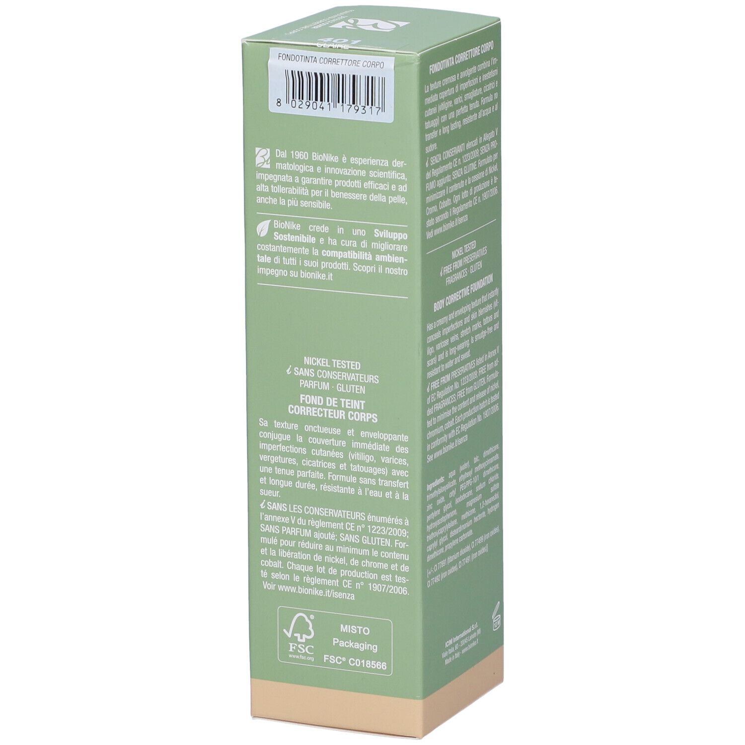 Confezione verde, vista laterale. Testo sugli ingredienti, marchio Bionike, Defence Cover, Correttore Corpo, colore 401 Clair.