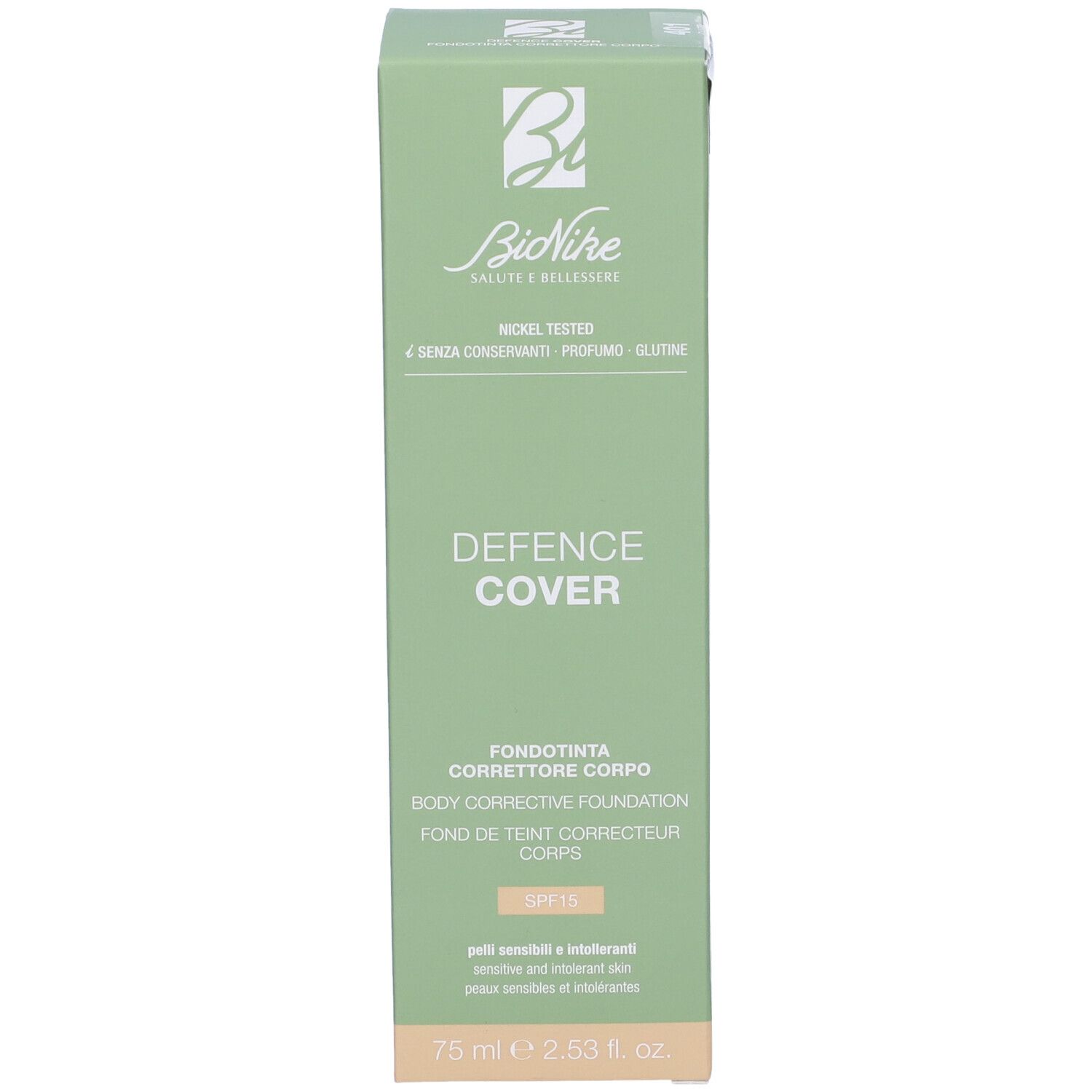 Confezione verde con scritta: Defence Cover, Correttore Corpo, colore 401 Clair. Marchio Bionike. SPF 15.
