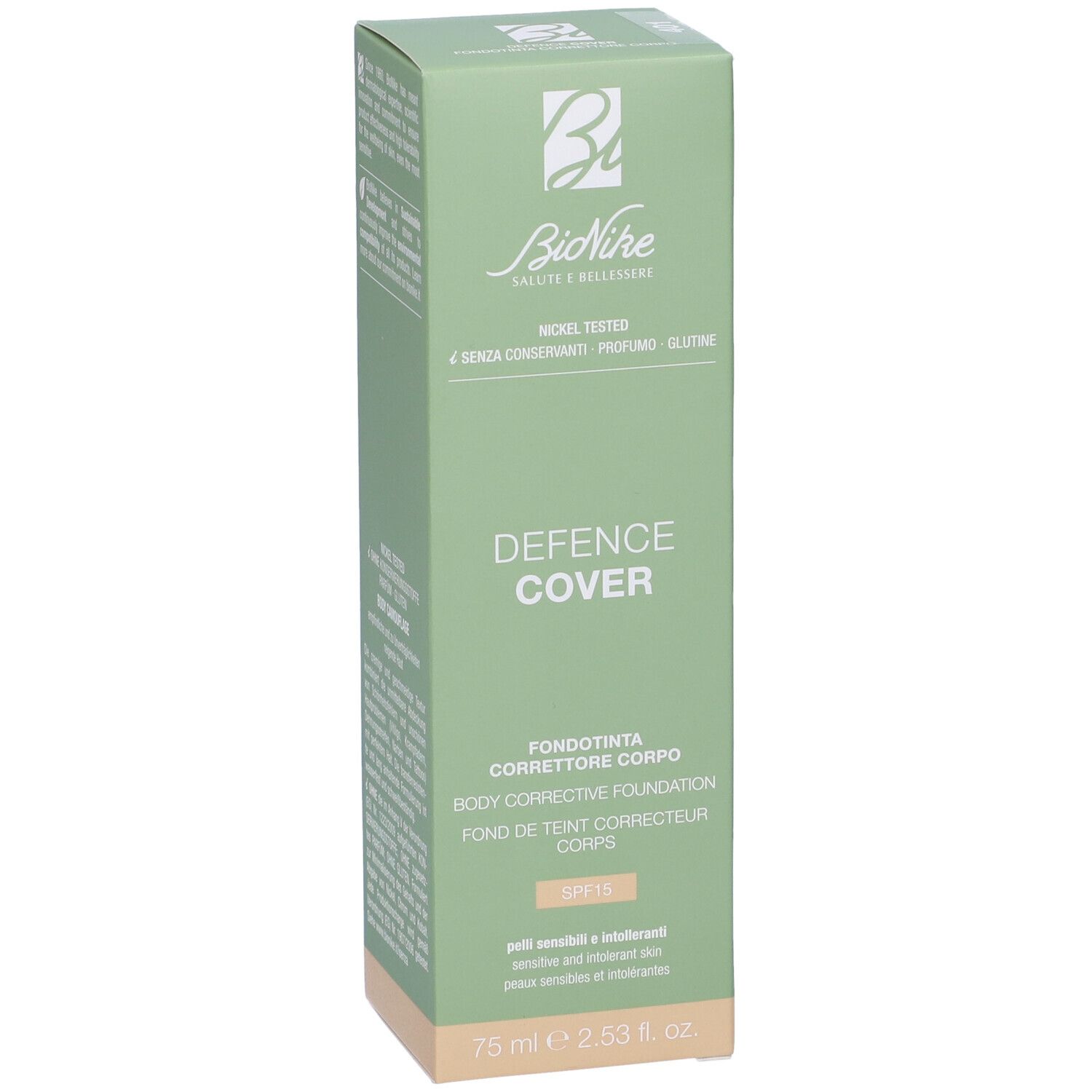 Confezione verde con scritta: Defence Cover, Correttore Corpo, colore 401 Clair. Marchio Bionike. SPF 15.
