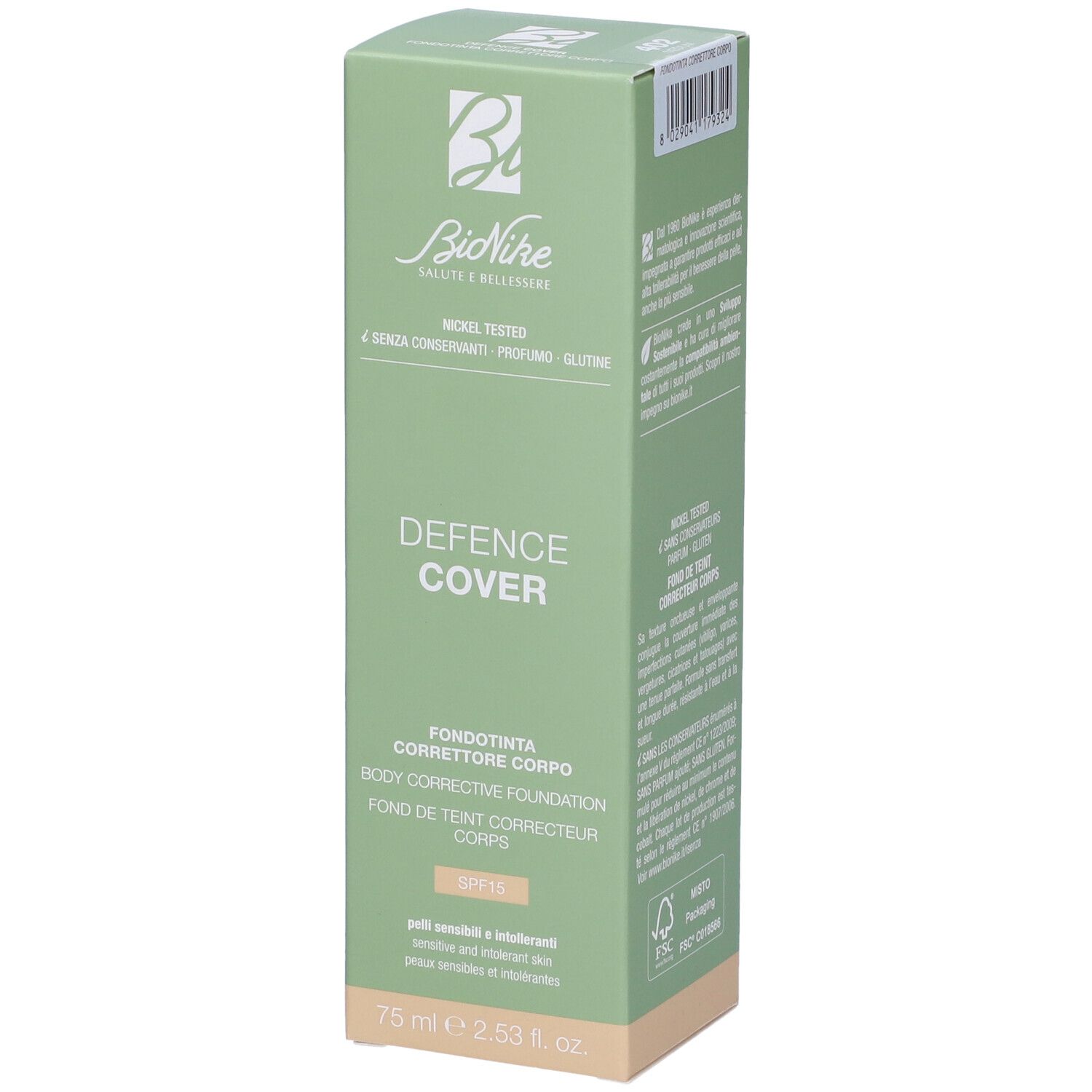 Confezione verde. Scritta: Defence Cover, Body Corrective Foundation, SPF 15. Marchio: BioNike. Colore: 402 Medium.