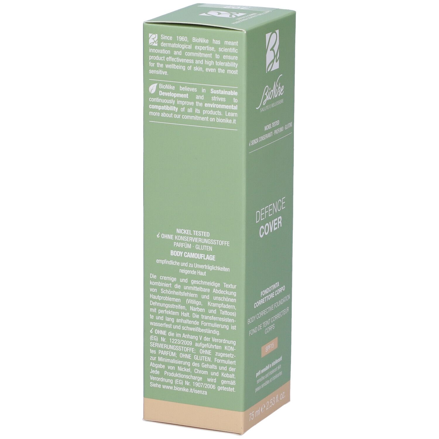 Confezione verde. Scritta: Defence Cover, Body Corrective Foundation. Marchio: BioNike. Testo in italiano. Colore: 402 Medium.