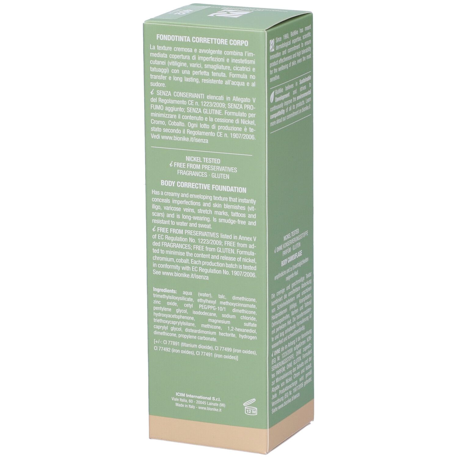 Confezione verde. Scritta: Defence Cover, Body Corrective Foundation. Marchio: BioNike. Testo in italiano. Colore: 402 Medium.