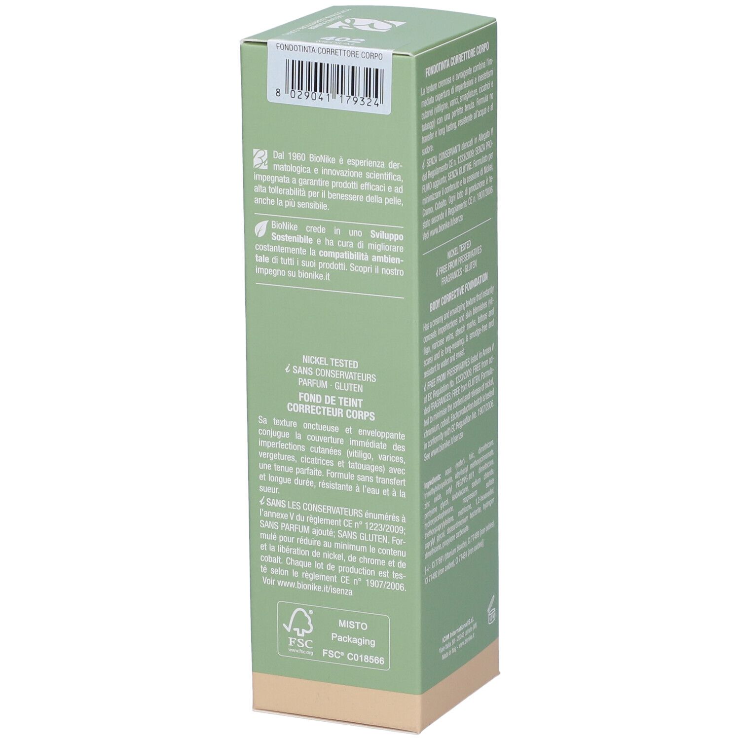 Confezione verde. Scritta: Defence Cover, Body Corrective Foundation. Marchio: BioNike. Testo in italiano. Colore: 402 Medium.
