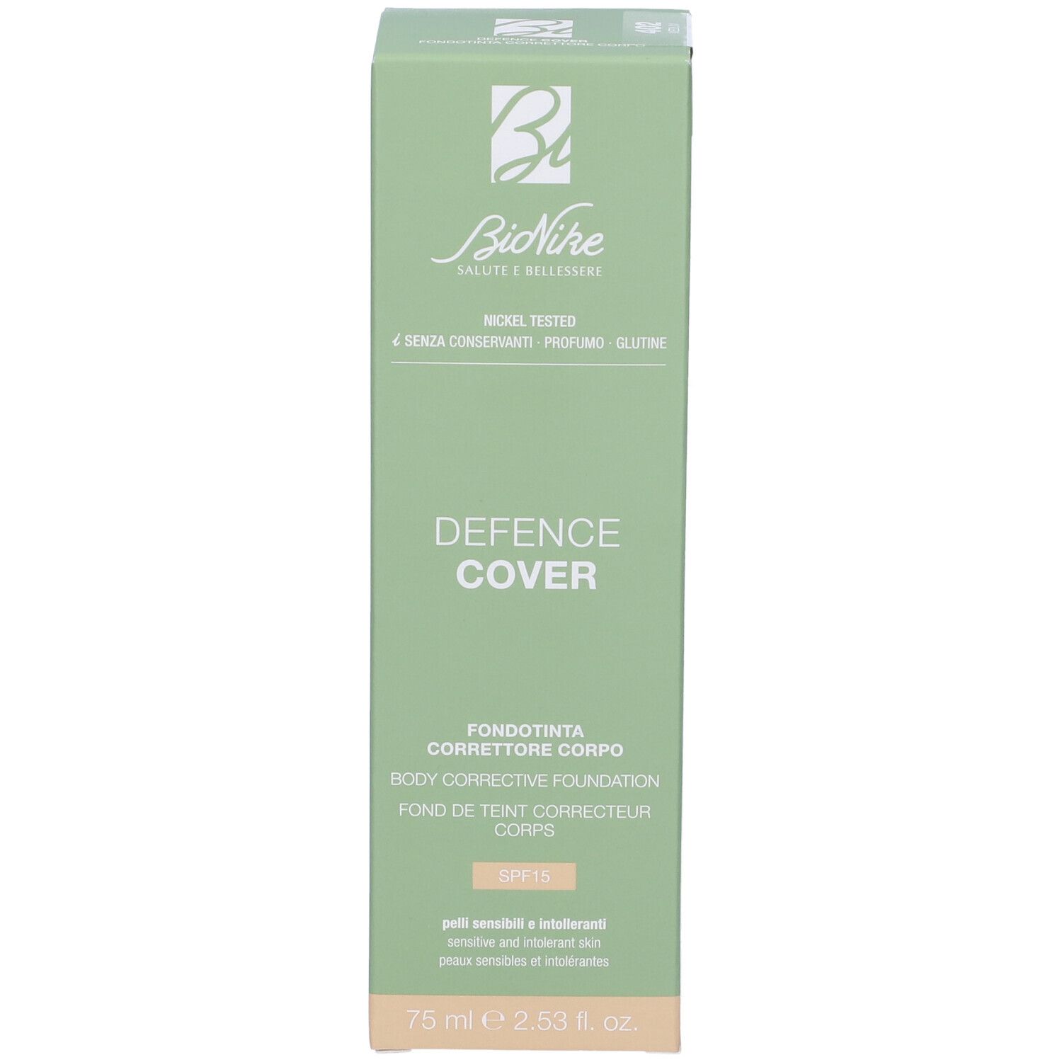 Confezione verde. Scritta: Defence Cover, Body Corrective Foundation, SPF 15. Marchio: BioNike. Colore: 402 Medium.