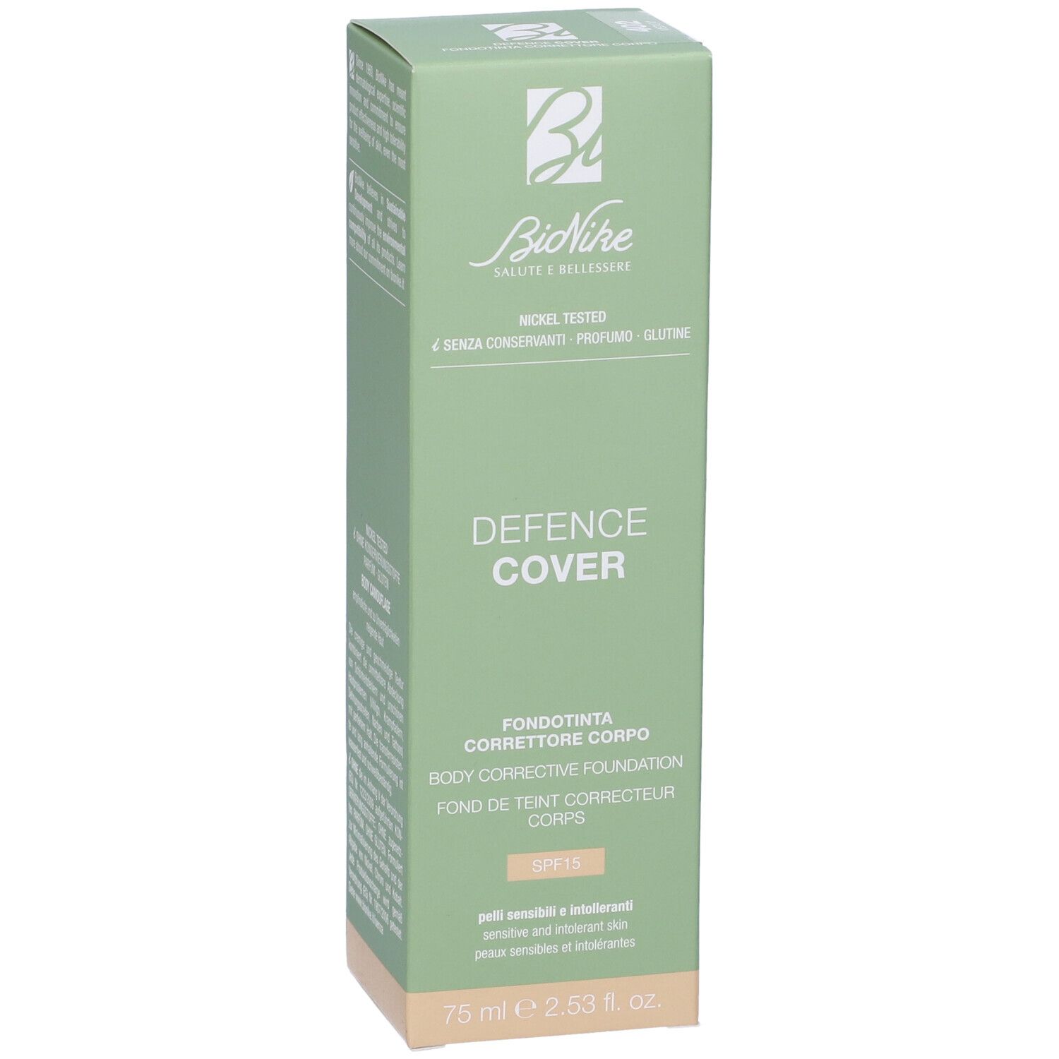 Confezione verde. Scritta: Defence Cover, Body Corrective Foundation, SPF 15. Marchio: BioNike. Colore: 402 Medium.