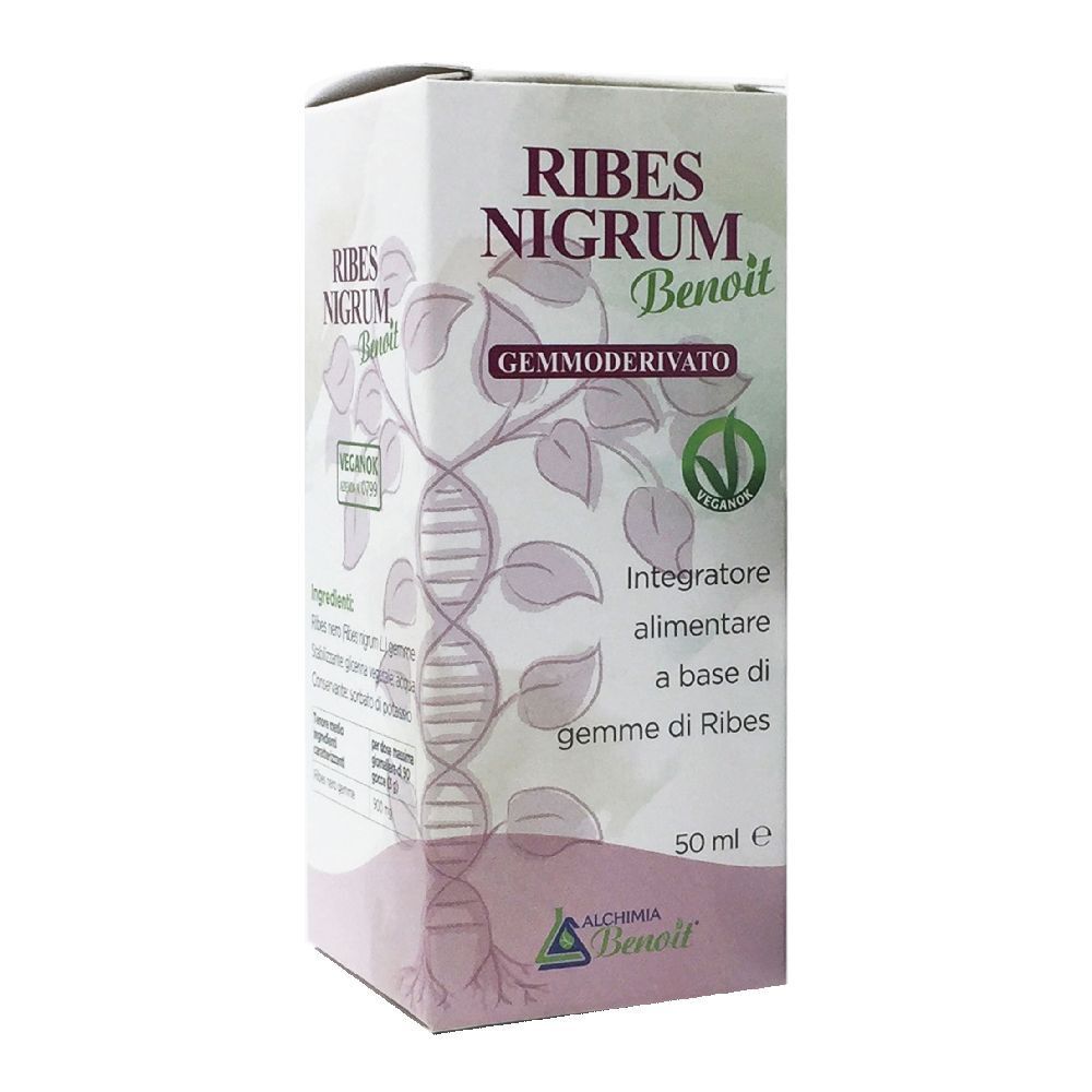Scatola Ribes Nigrum Benoit. Gemmoderivato. Certificazione vegana. 50 ml. Logo Alchemia Benoit.