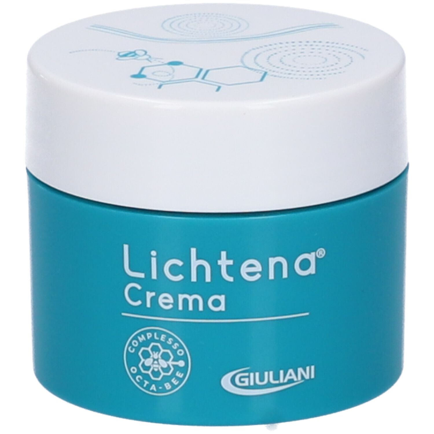 Vaso di crema turchese con coperchio bianco. Sul vaso è scritto "Lichtena Crema". Logo e scritta "Giuliani".