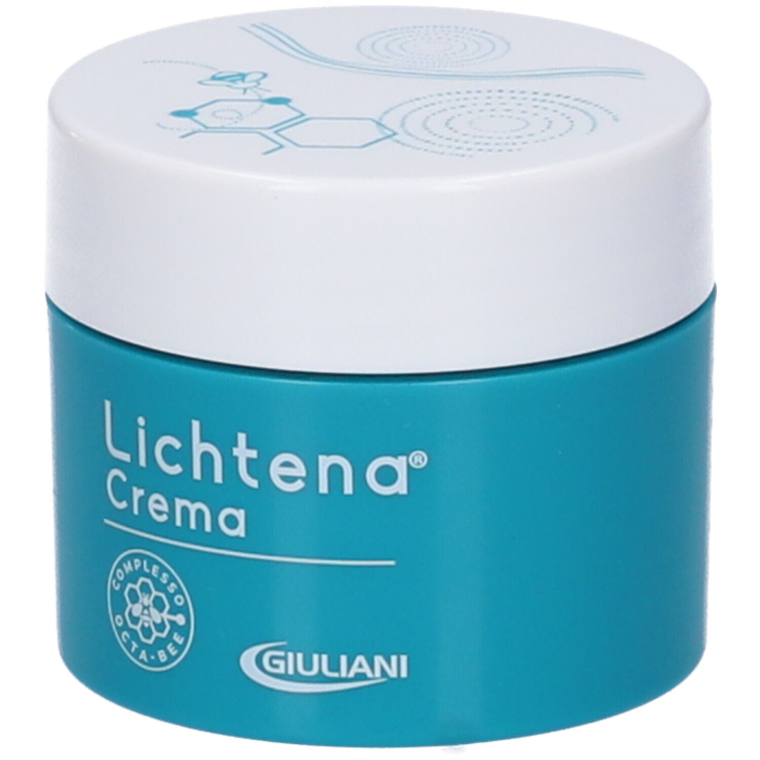 Vaso di crema turchese con coperchio bianco. Sul vaso è scritto "Lichtena Crema". Logo e scritta "Giuliani".