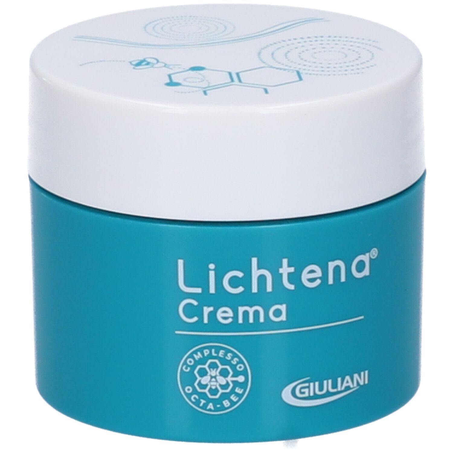 Vaso di crema turchese con coperchio bianco. Sul vaso è scritto "Lichtena Crema". Logo e scritta "Giuliani".