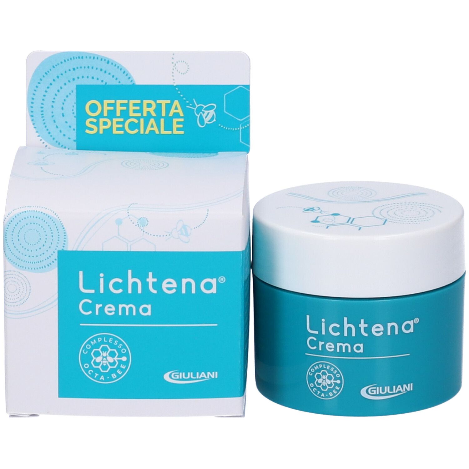 Vaso di crema e confezione. Sul vaso e sulla confezione è scritto "Lichtena Crema". Logo e scritta "Giuliani".