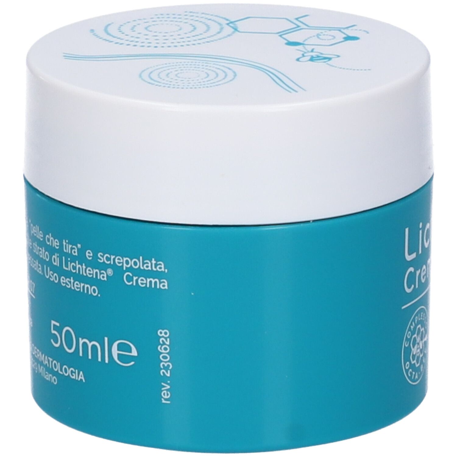 Vaso di crema turchese con coperchio bianco. Scritta: Lichtena Crema. Volume: 50 ml. Marchio: Giuliani.