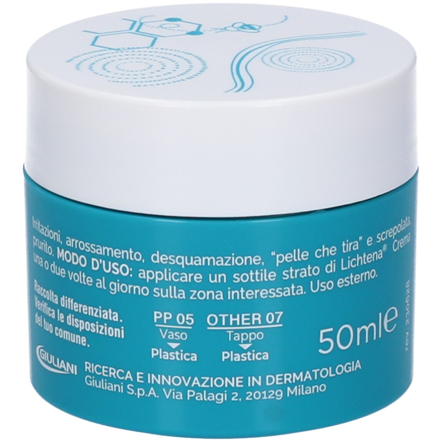 Vaso di crema turchese con coperchio bianco. Scritta: Lichtena Crema. Volume: 50 ml. Informazioni sull'uso.