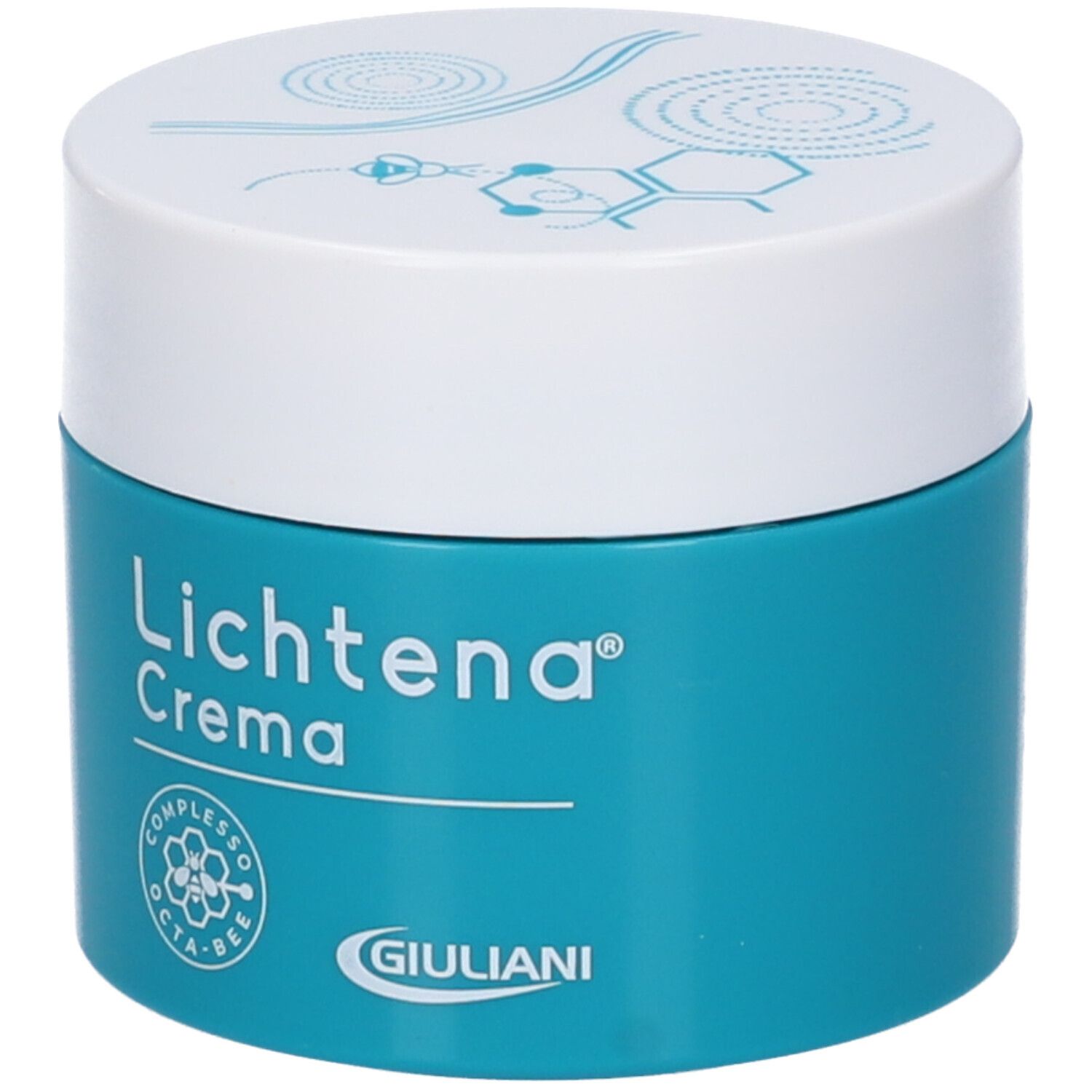 Vaso di crema turchese con coperchio bianco. Scritta: Lichtena Crema. Logo: Complesso Octa-Bee. Marchio: Giuliani.
