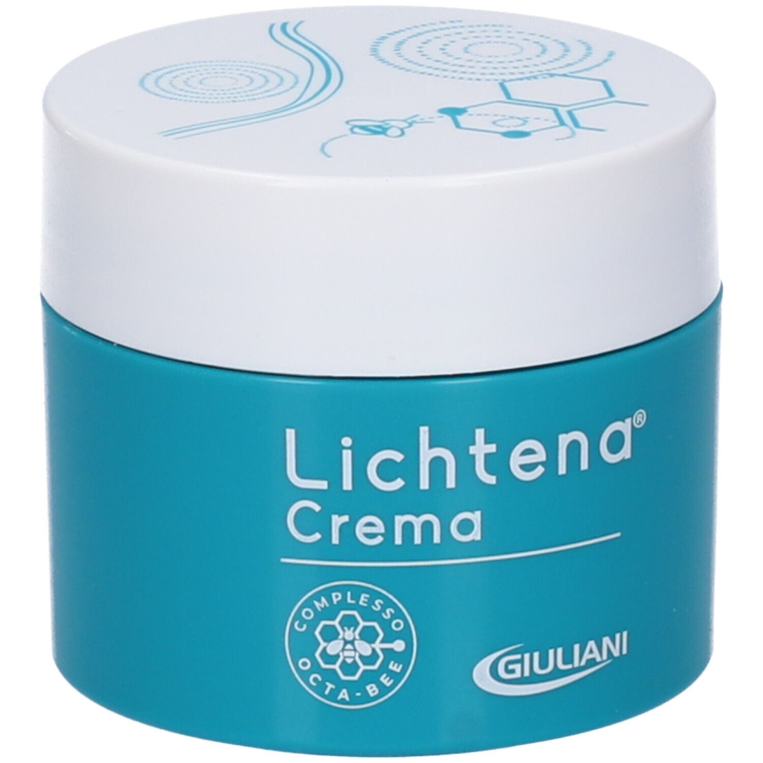Vaso di crema turchese con coperchio bianco. Scritta: Lichtena Crema. Logo: Complesso Octa-Bee. Marchio: Giuliani.