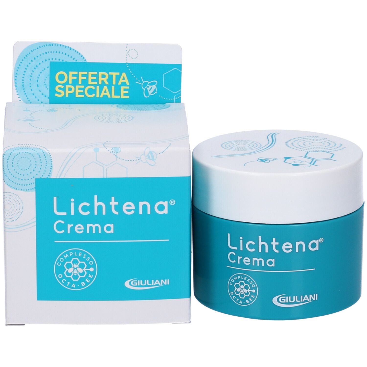 Confezione del prodotto con vaso di crema e scatola. Scritta: Lichtena Crema. Logo: Complesso Octa-Bee. Marchio: Giuliani. Offerta.