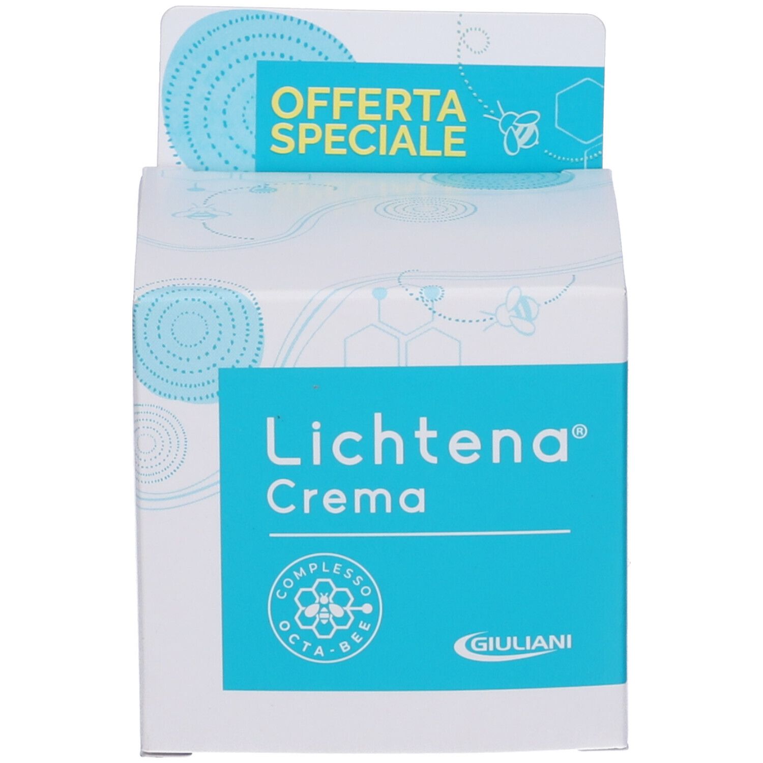 Confezione del prodotto con scatola. Scritta: Lichtena Crema. Logo: Complesso Octa-Bee. Marchio: Giuliani. Offerta.