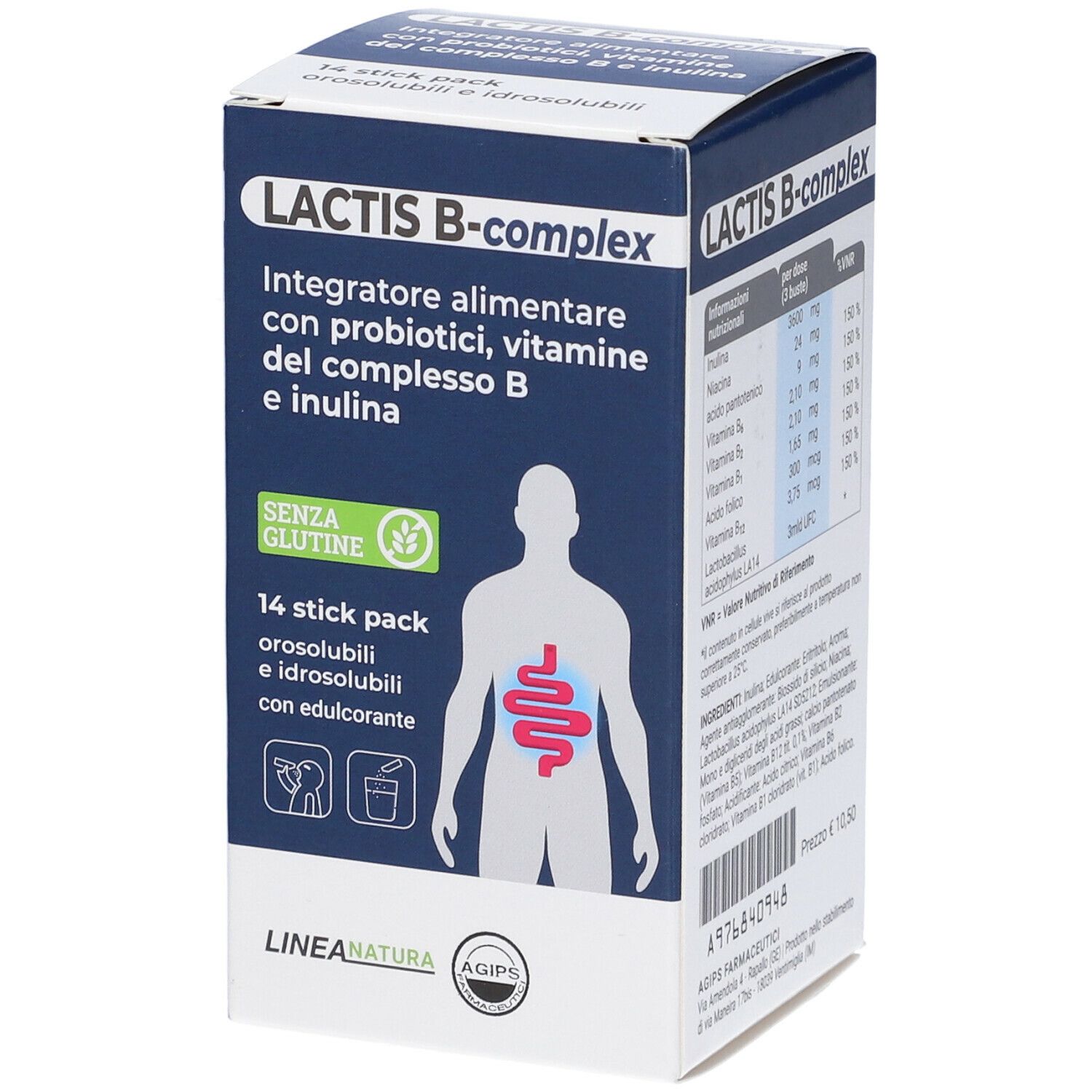 Scatola di Lactis B-Complex. Scritto: Integratore alimentare con probiotici, vitamine del complesso B e inulina. 14 stick pack.