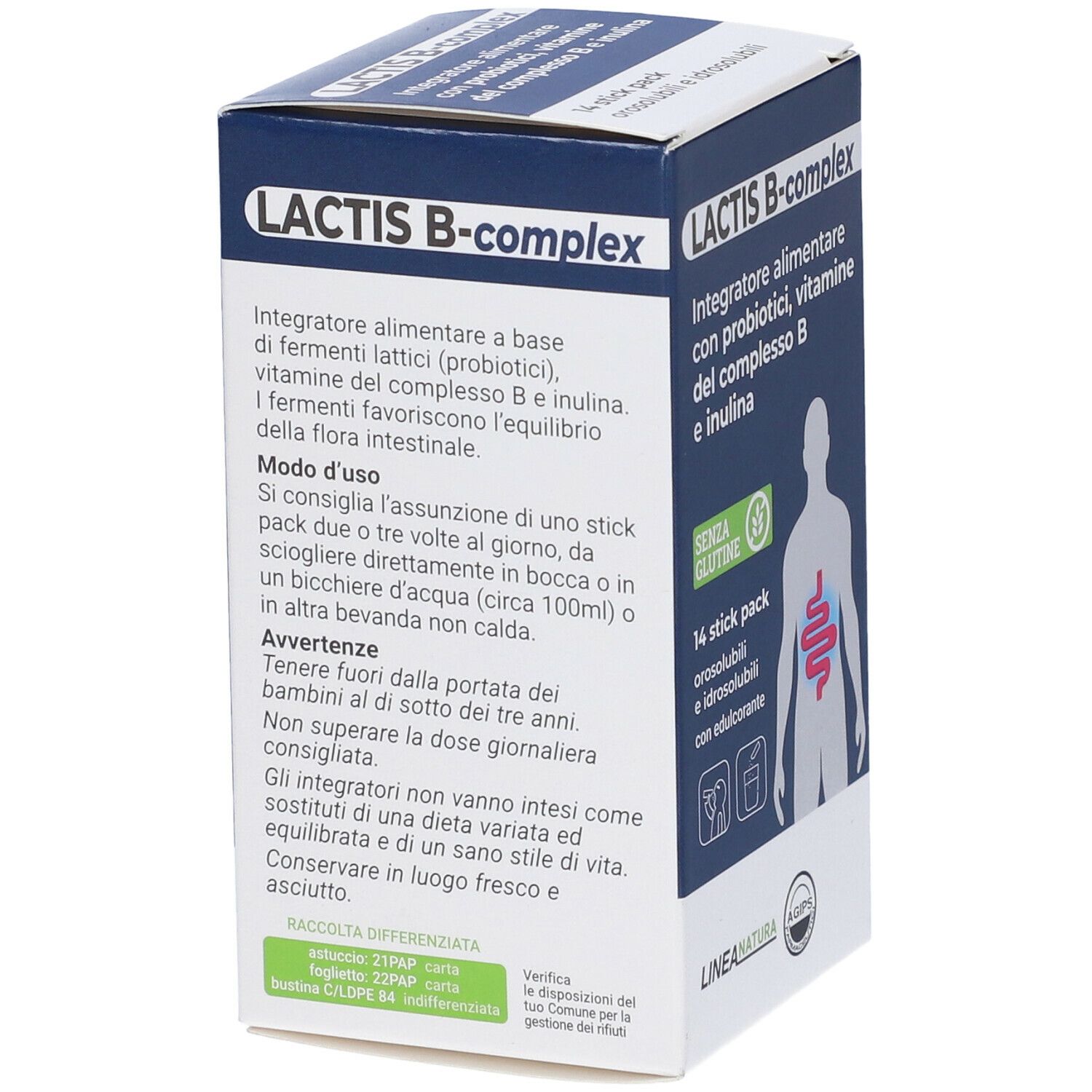 Retro della scatola di Lactis B-Complex. Testo sull'uso e avvertenze. Contiene anche informazioni sullo smaltimento.