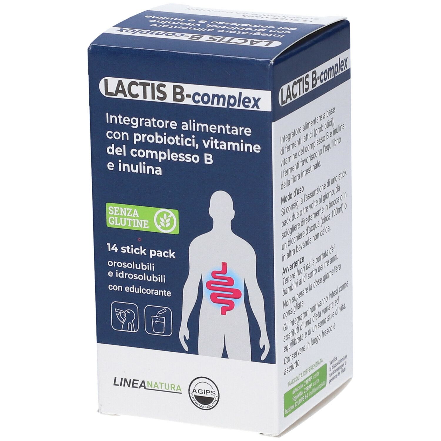 Fronte della scatola di Lactis B-Complex. Testo: Integratore alimentare con probiotici, vitamine del complesso B e inulina. 14 stick pack.