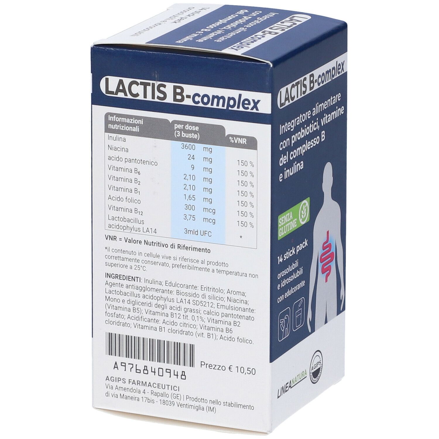 Lato della scatola di Lactis B-Complex. Contiene informazioni nutrizionali, ingredienti e prezzo. Marchio AGIPS.
