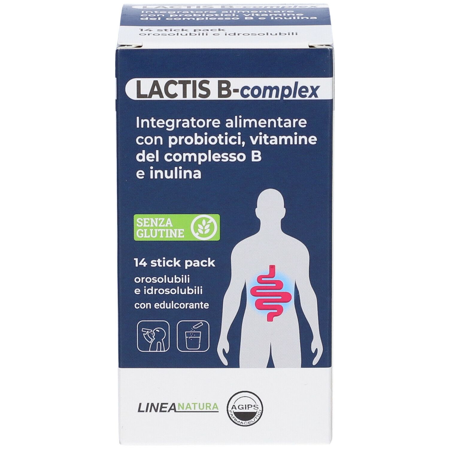 Fronte della scatola di Lactis B-Complex. Testo: Integratore alimentare con probiotici, vitamine del complesso B e inulina. 14 stick pack.
