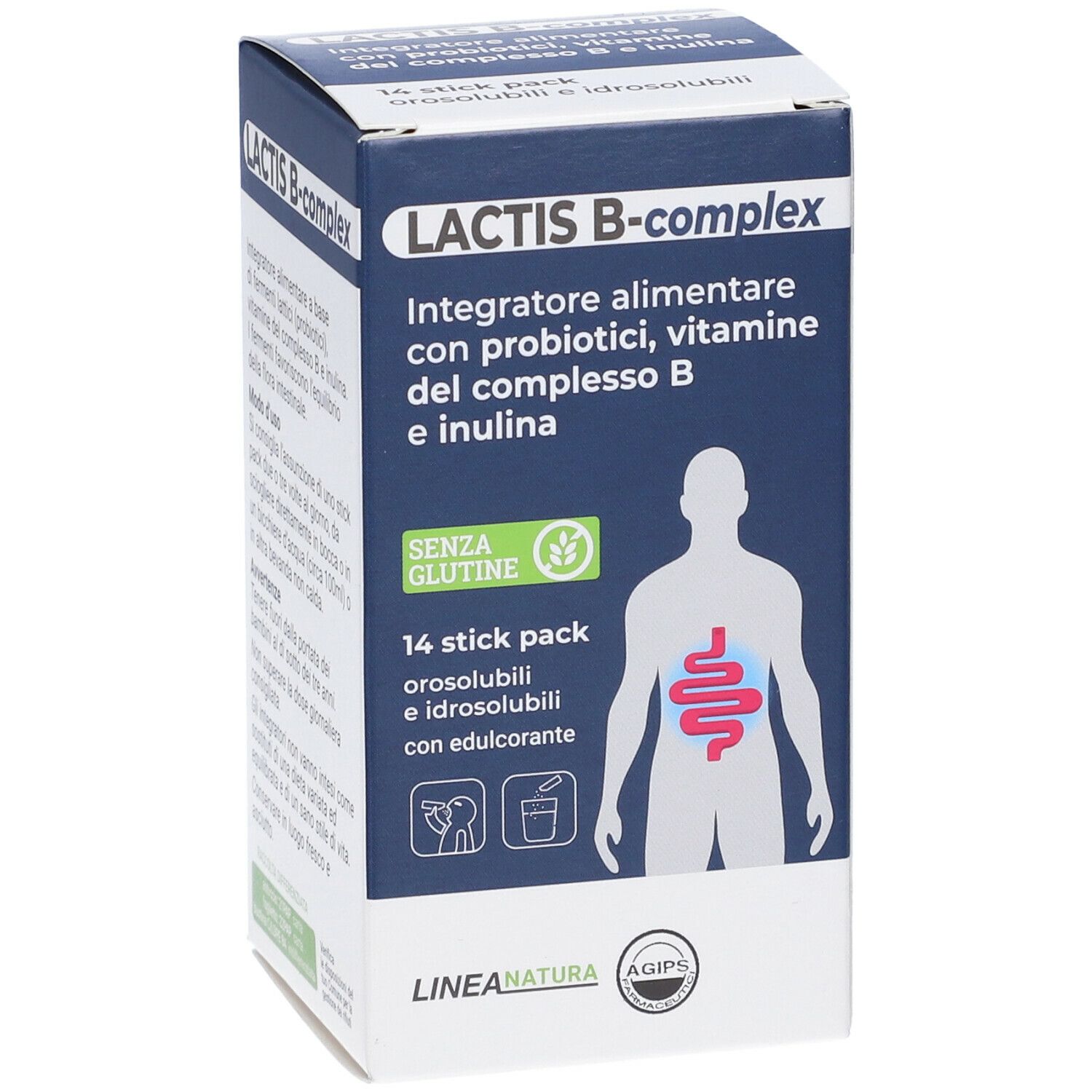 Fronte della scatola di Lactis B-Complex. Testo: Integratore alimentare con probiotici, vitamine del complesso B e inulina. 14 stick pack.