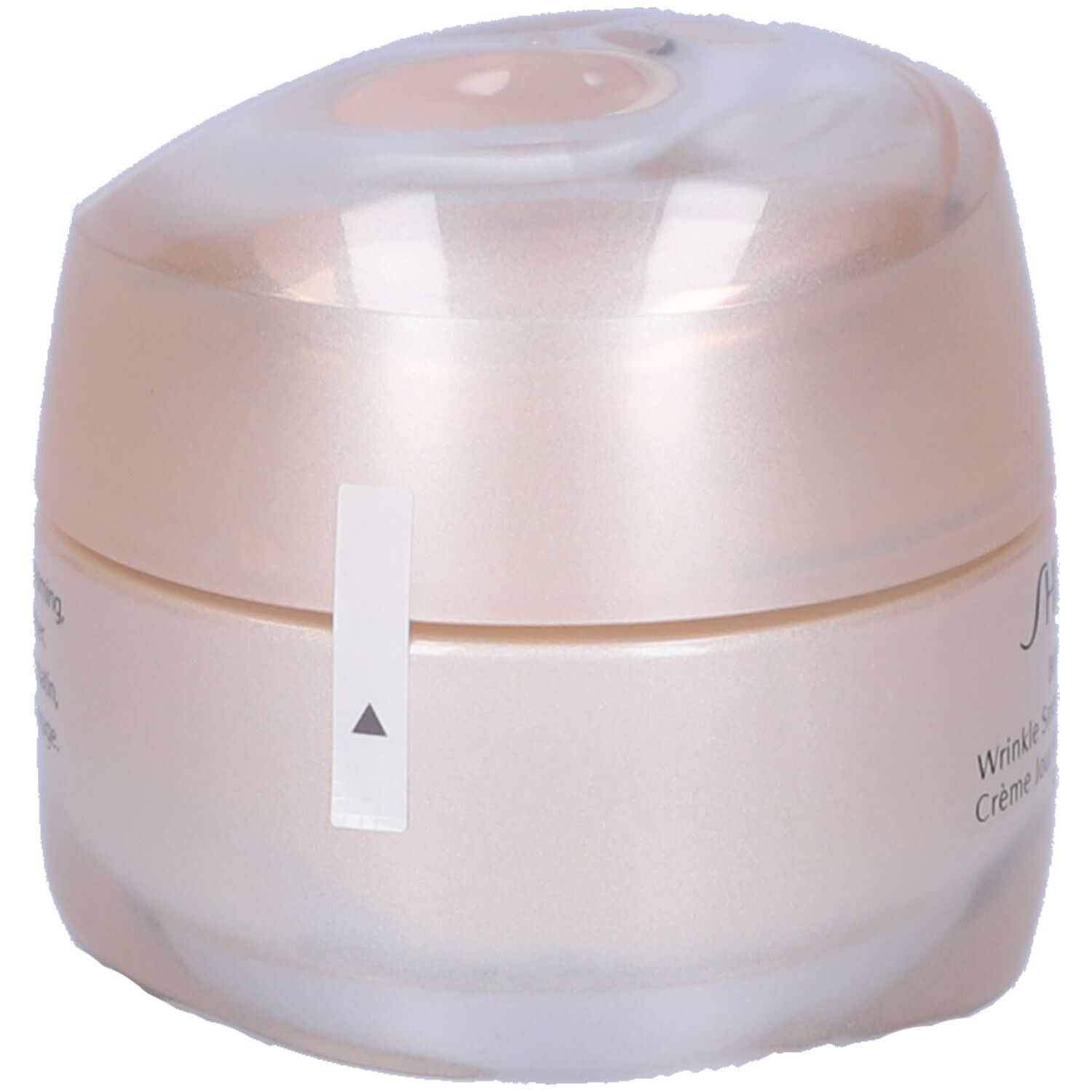 Vaso di crema con coperchio. Scritta: SHISEIDO, Wrinkle Smoothing Day Cream. Sigillo con freccia.