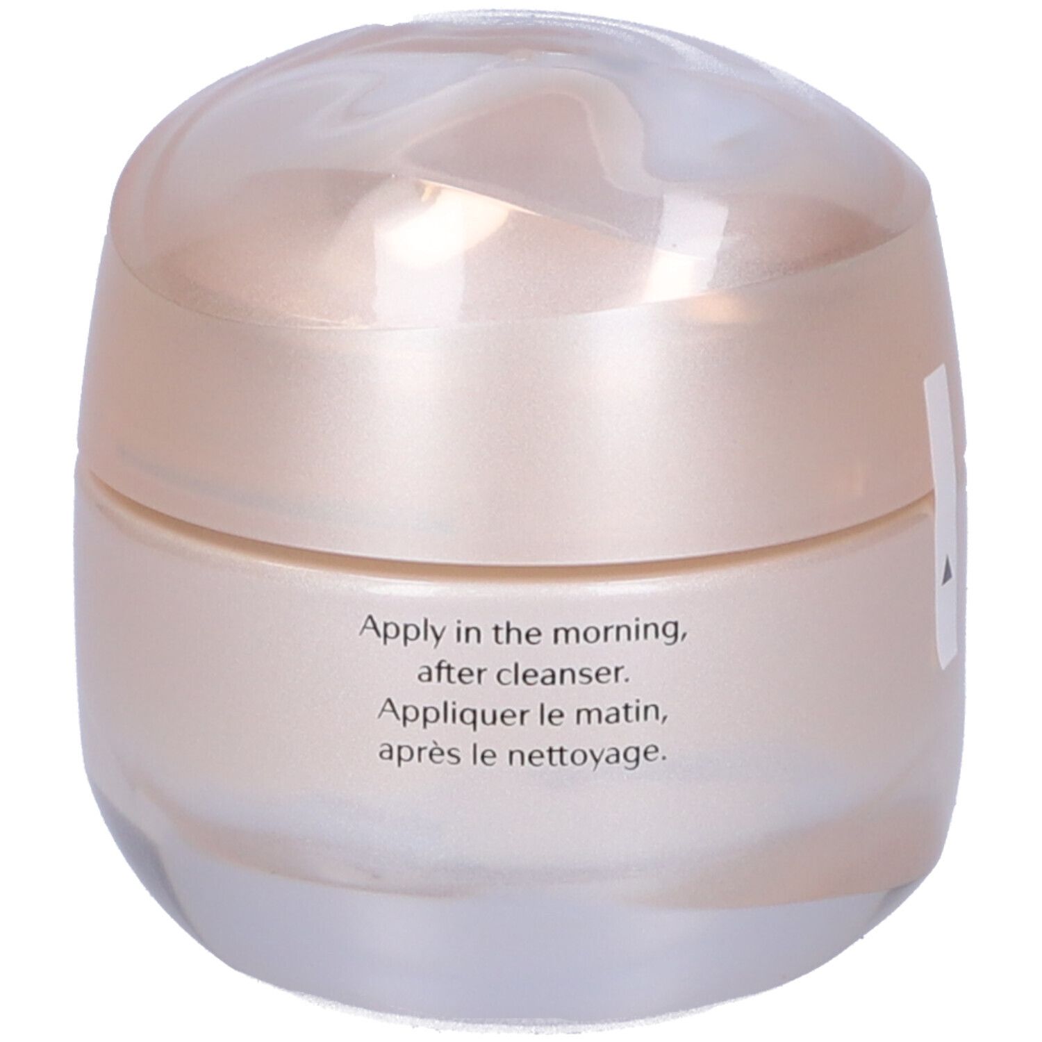 Vaso di crema con coperchio. Scritta: Apply in the morning, after cleanser. Appliquer le matin, après le nettoyage.